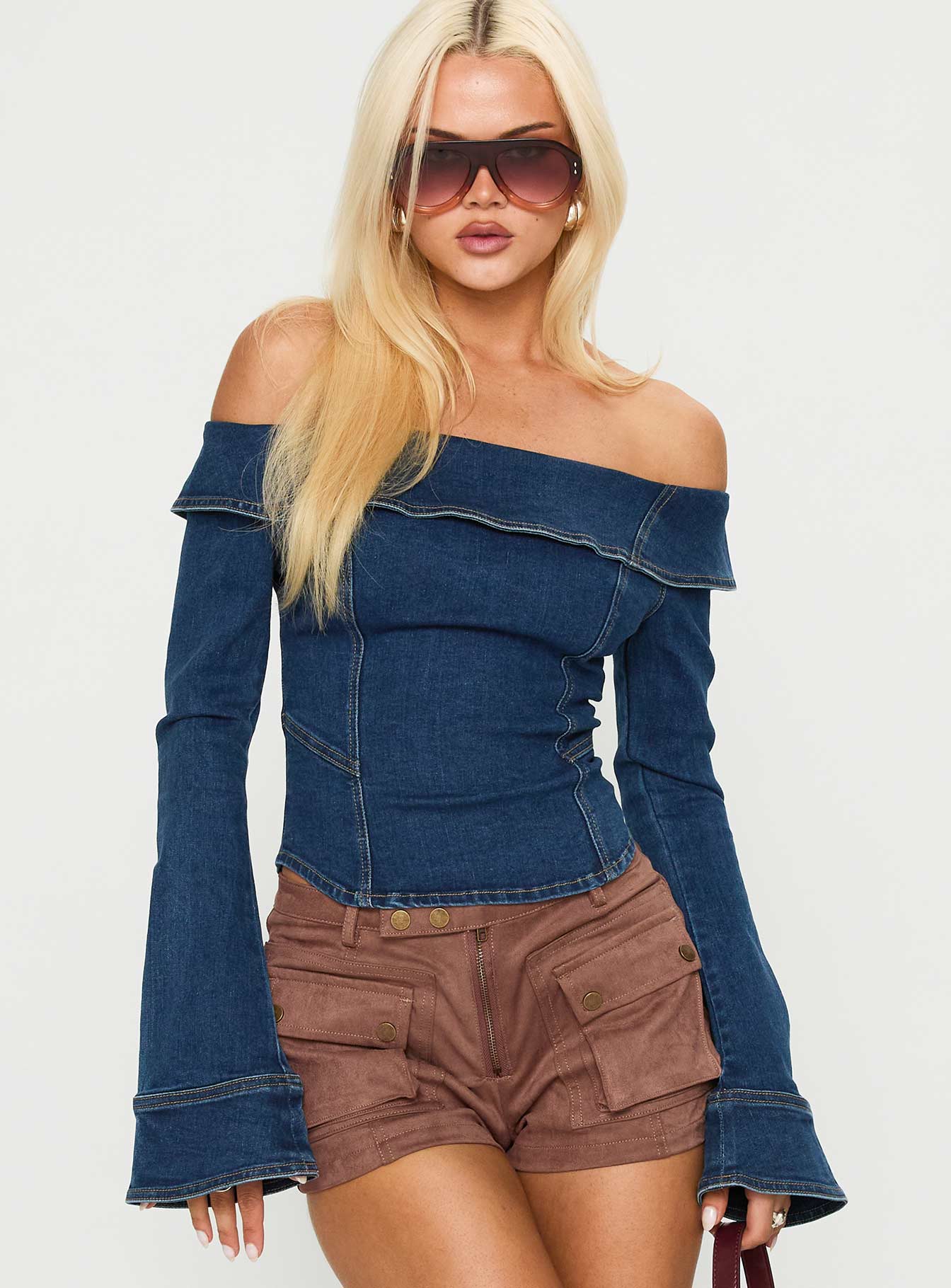 In The Crowd Off Shoulder Top Dark Denim - Image 2