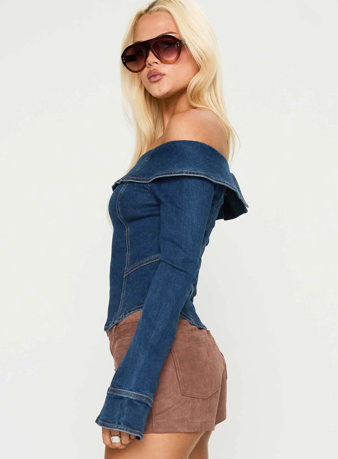 In The Crowd Off Shoulder Top Dark Denim - Image 4