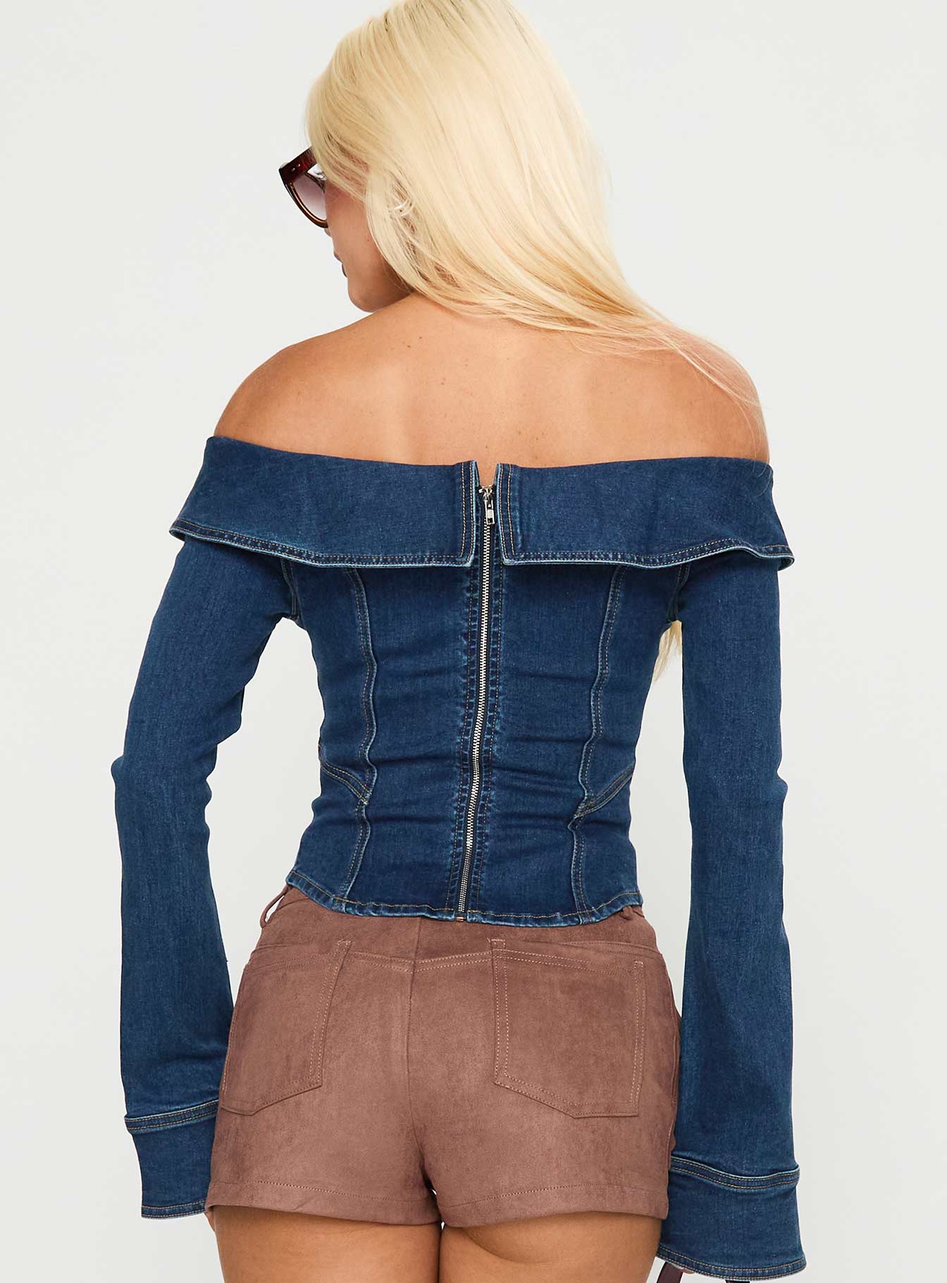 In The Crowd Off Shoulder Top Dark Denim - Image 5
