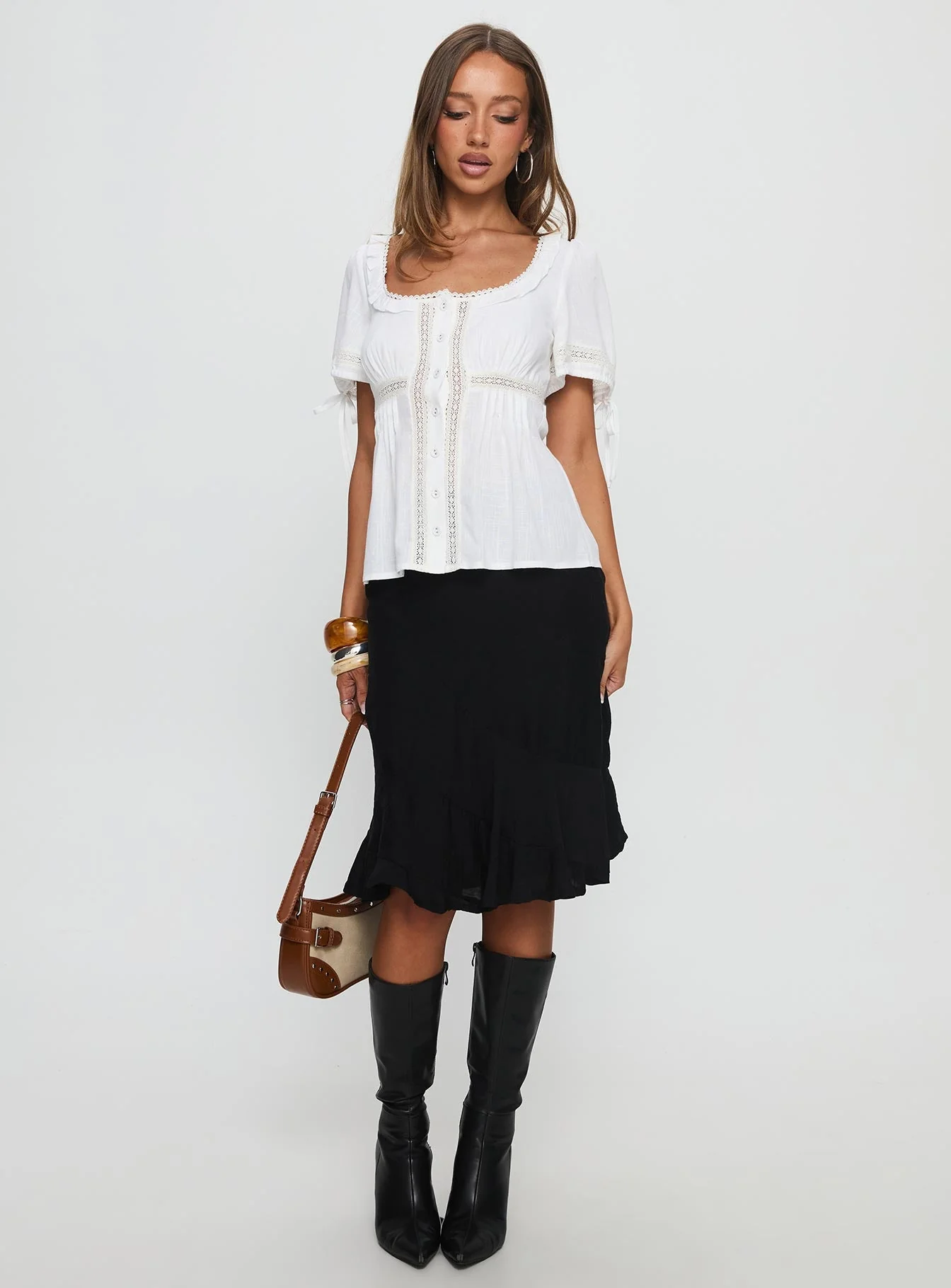 Indianah Pleat Lace Panel Blouse Top White - Image 3