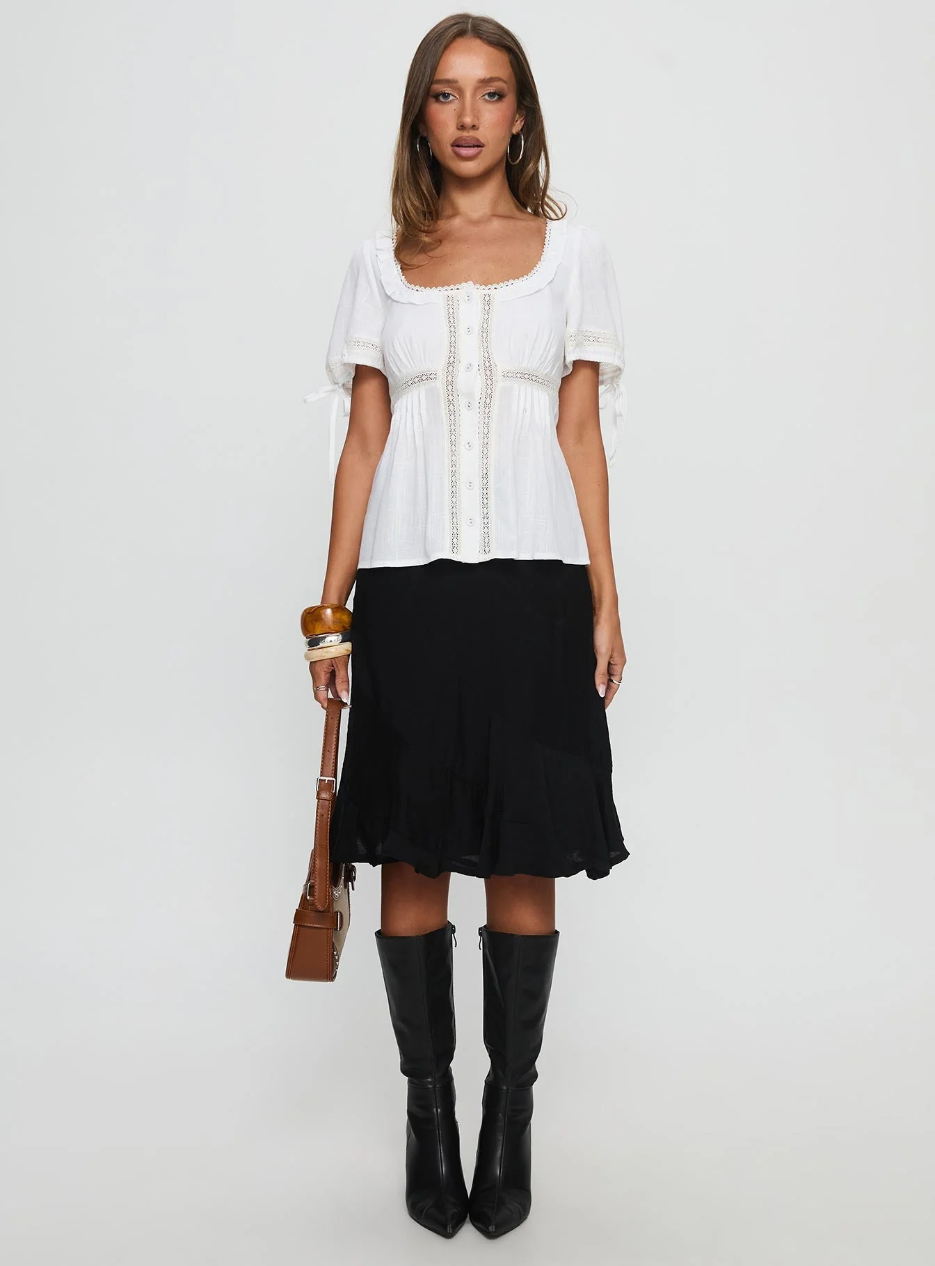 Indianah Pleat Lace Panel Blouse Top White - Image 7