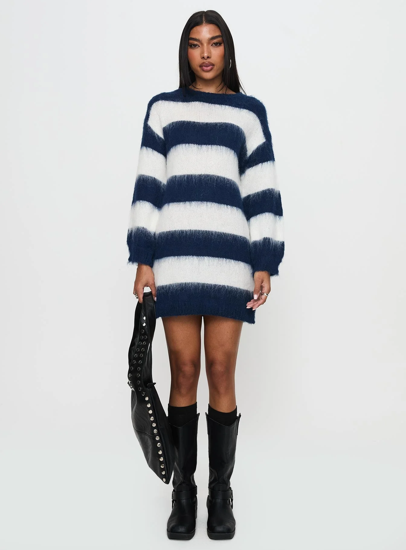 Iryna Long Sleeve Knit Mini Dress Navy / White Stripe - Image 6