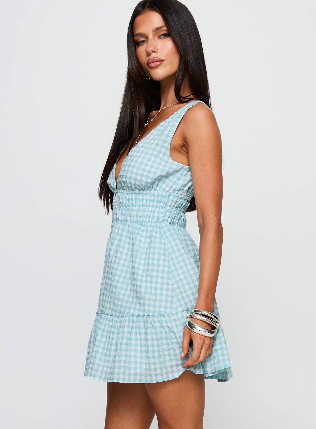 Ismena Plunge Mini Dress Blue Check - Image 3