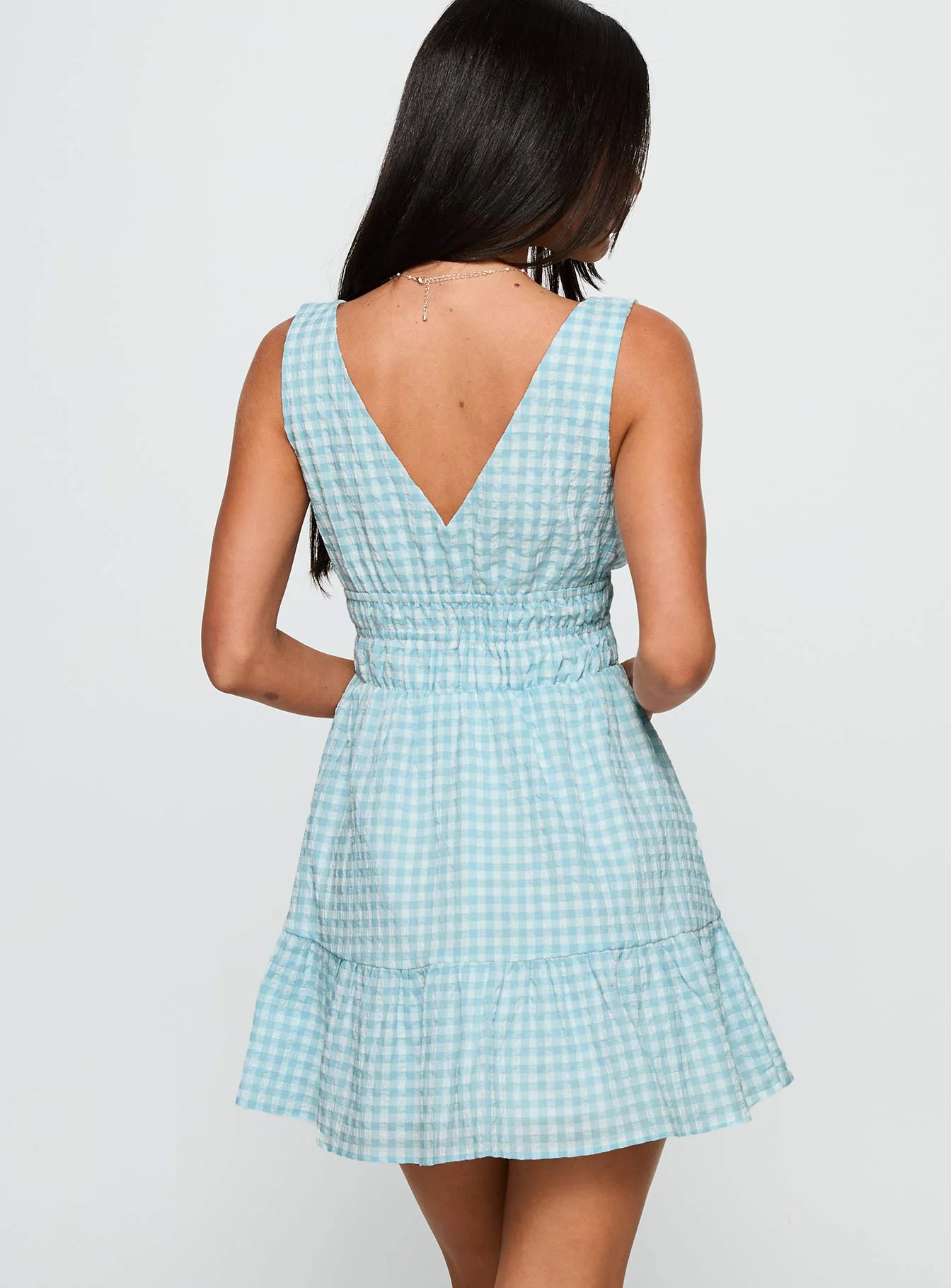 Ismena Plunge Mini Dress Blue Check - Image 4