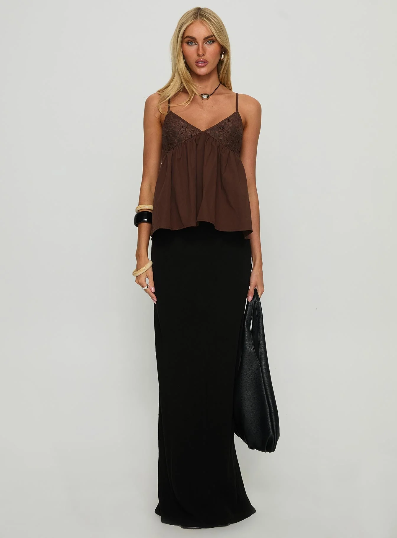 Janeesa Frill Lace Detail Cami Top Brown - Image 7