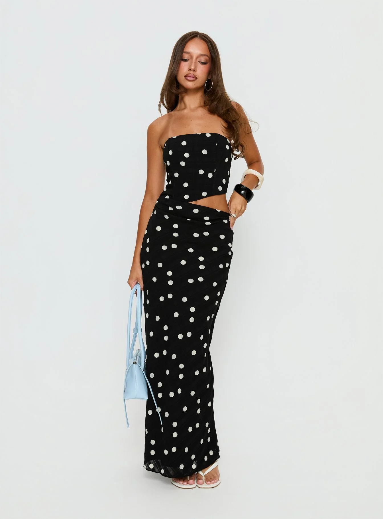 Jasira Strapless Drape Maxi Dress Black Polka Dot - Image 2