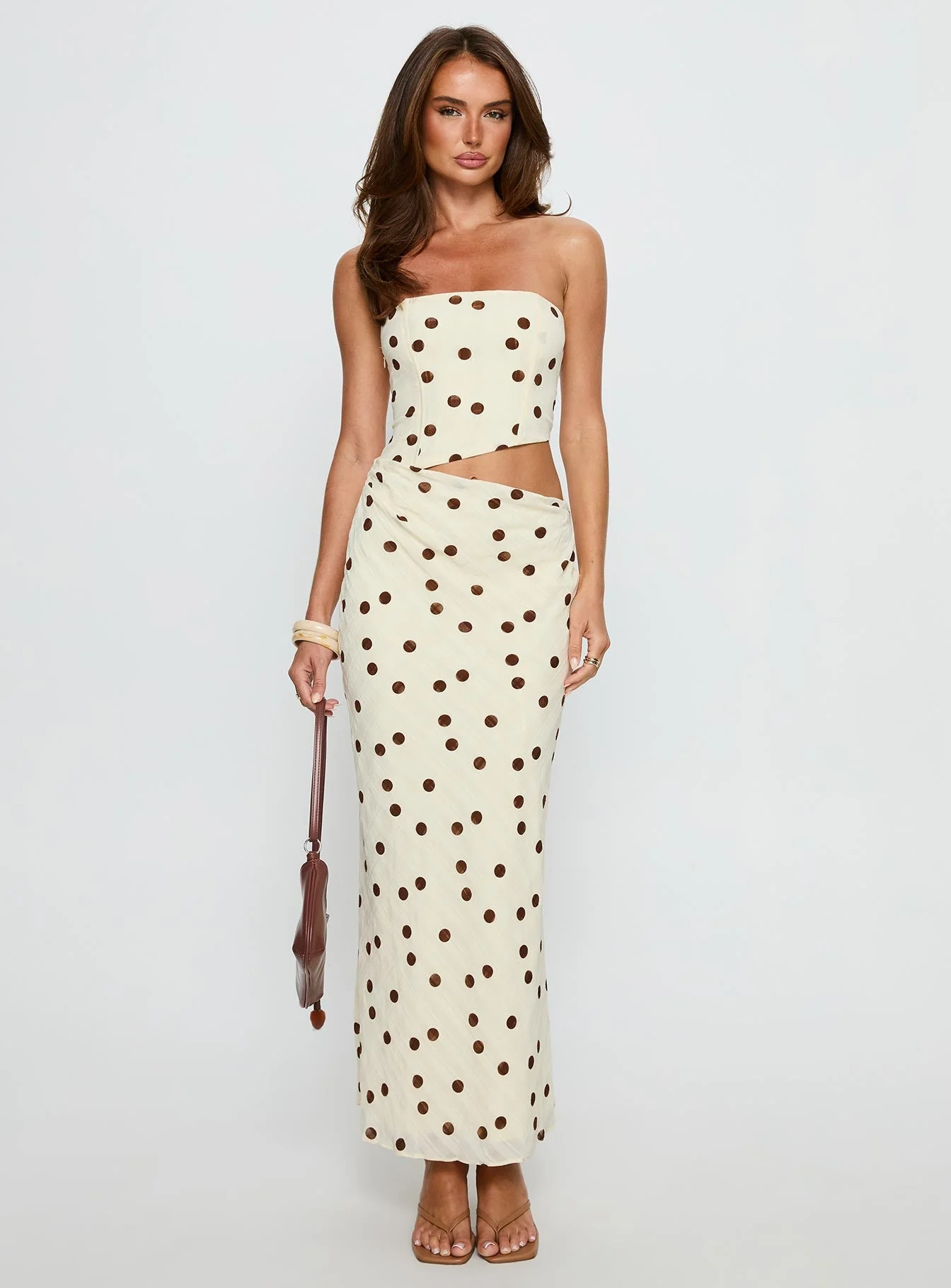 Jasira Strapless Drape Maxi Dress Cream Polka Dot - Image 8