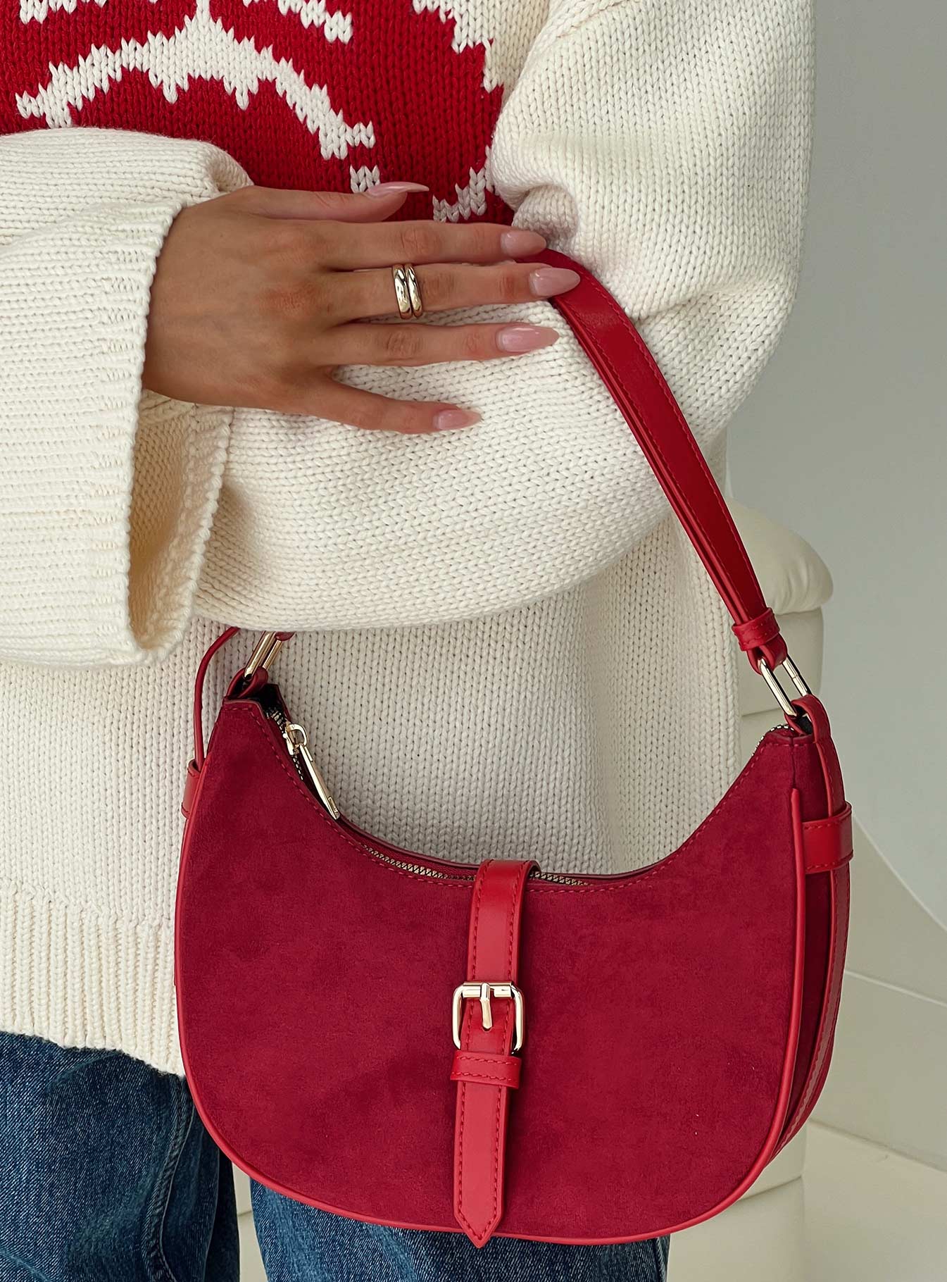 Jaxton Buckle Faux Suede Shoulder Bag Red - Image 6