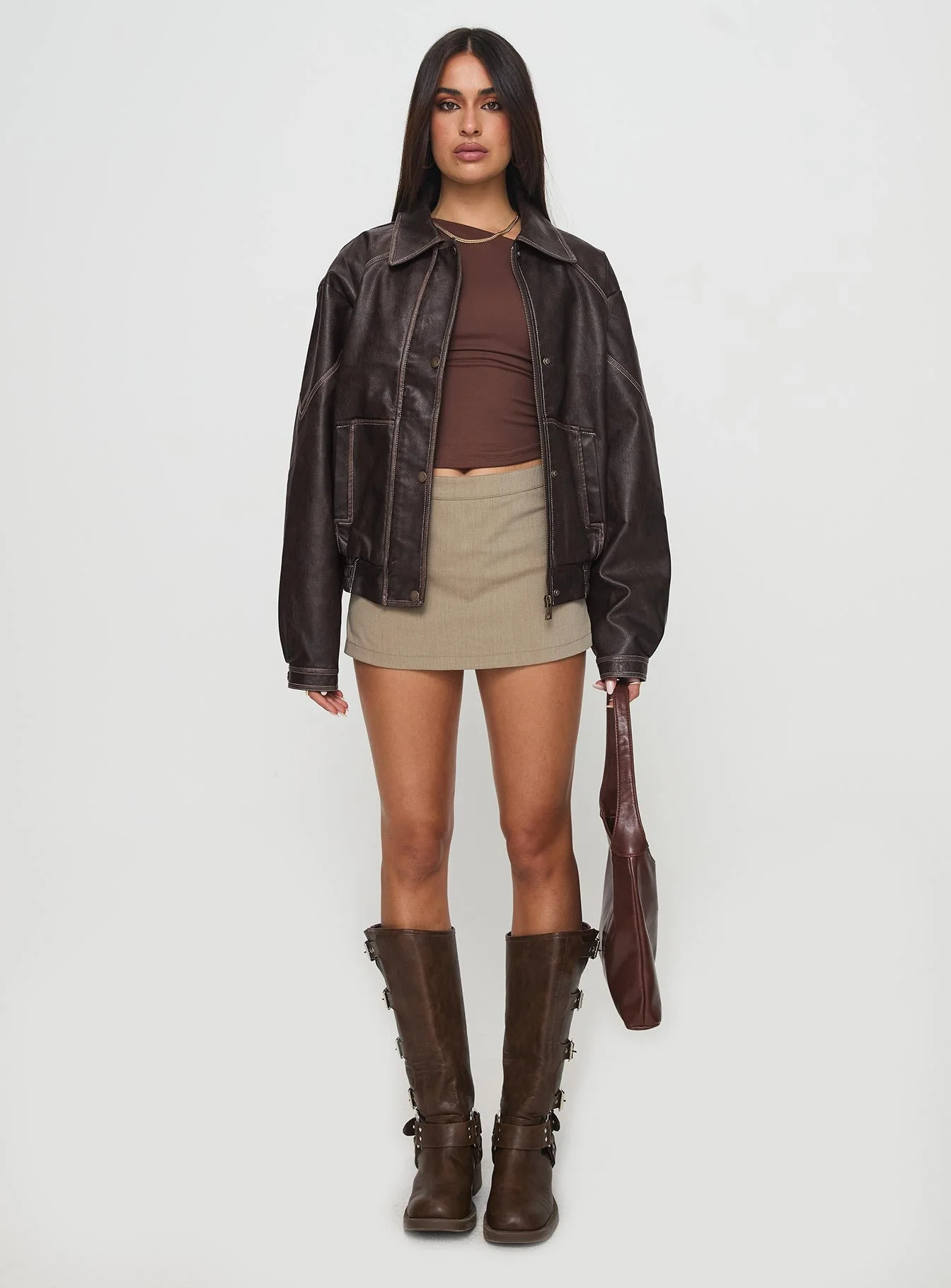 Jaxton Faux Leather Jacket Brown Petite - Image 7