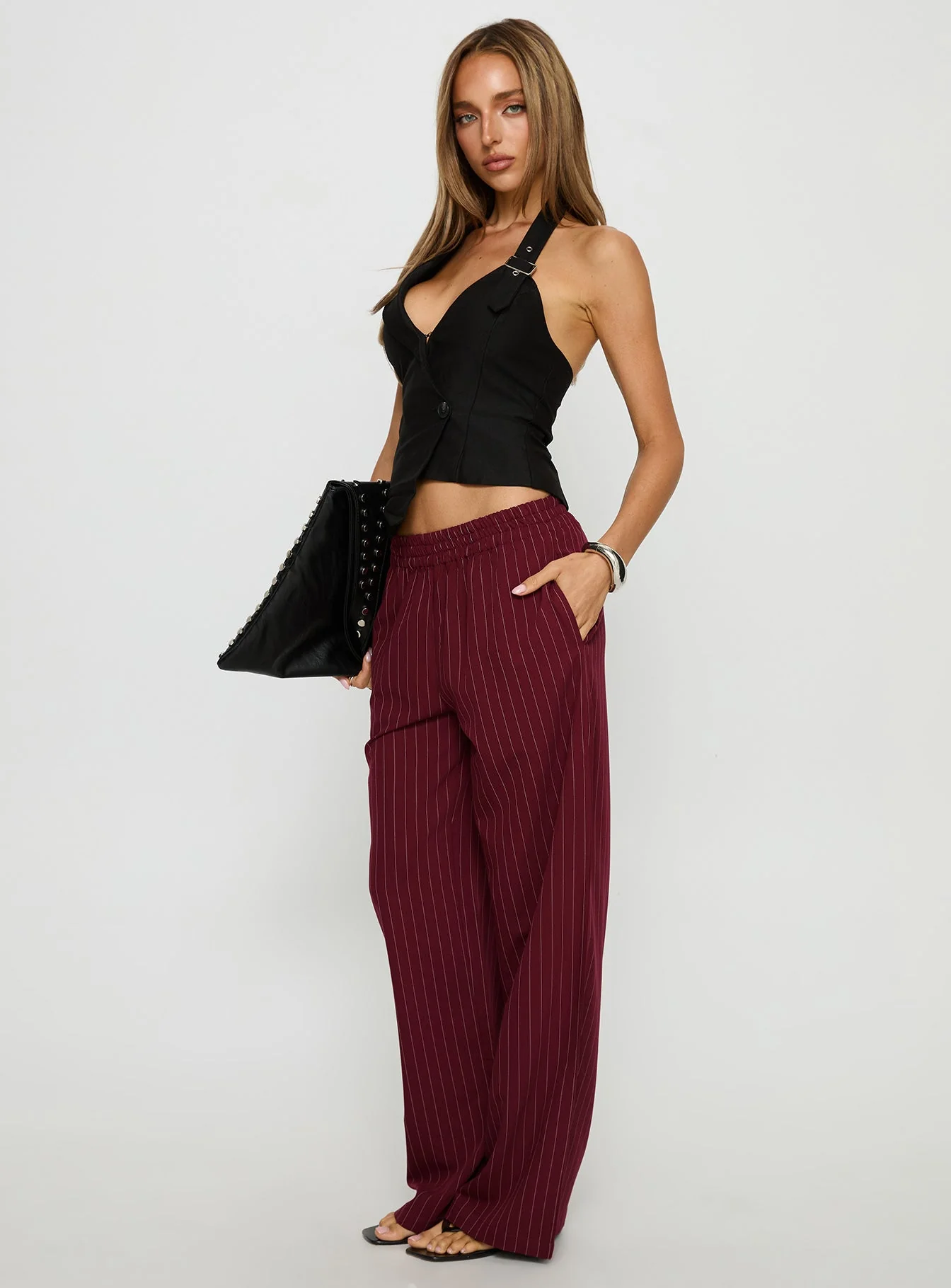 Jaysa Baggy Wide Leg Pant Burgundy Pinstripe - Image 3