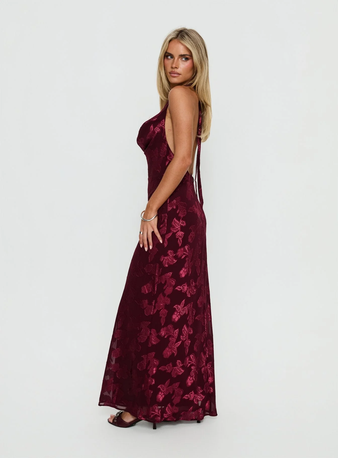Jazminah Halter Cowl Neck Maxi Dress Burgundy - Image 3
