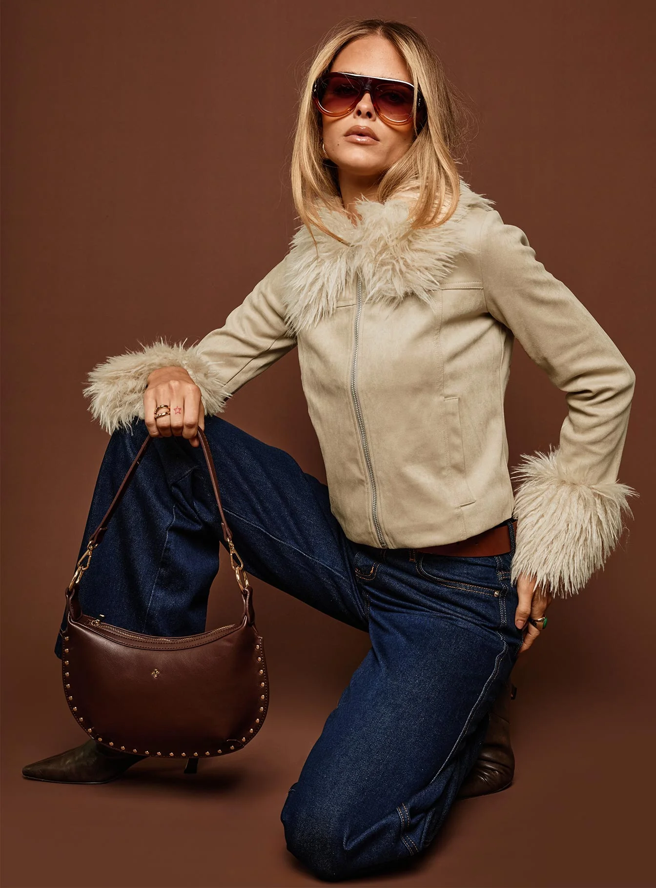 Jeanna Suede Faux Fur Detail Jacket Beige - Image 2