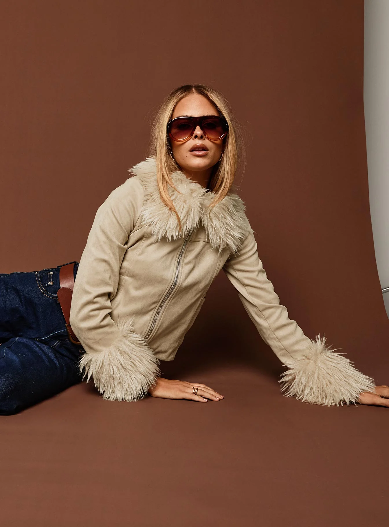 Jeanna Suede Faux Fur Detail Jacket Beige - Image 3