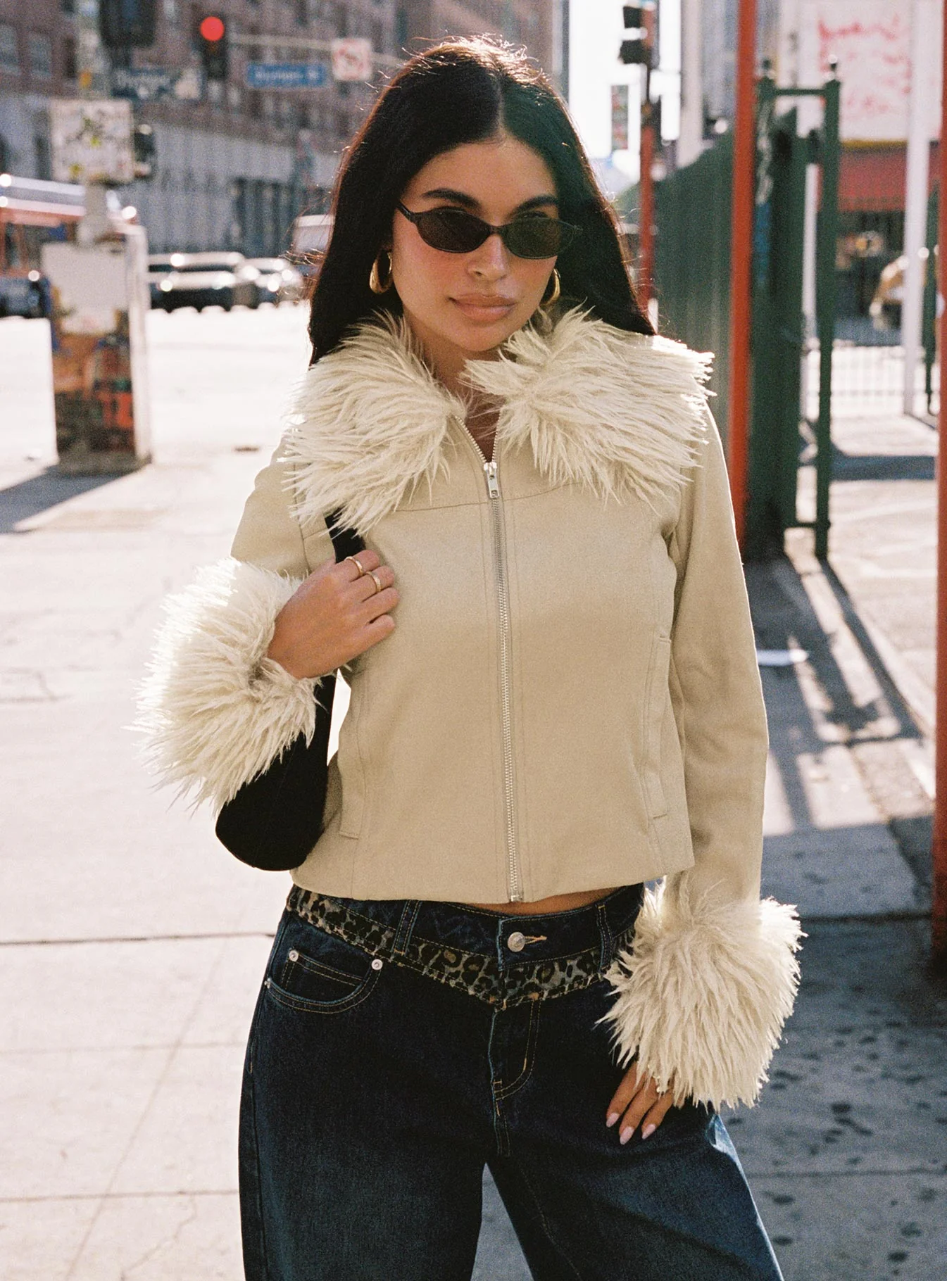 Jeanna Suede Faux Fur Detail Jacket Beige - Image 4