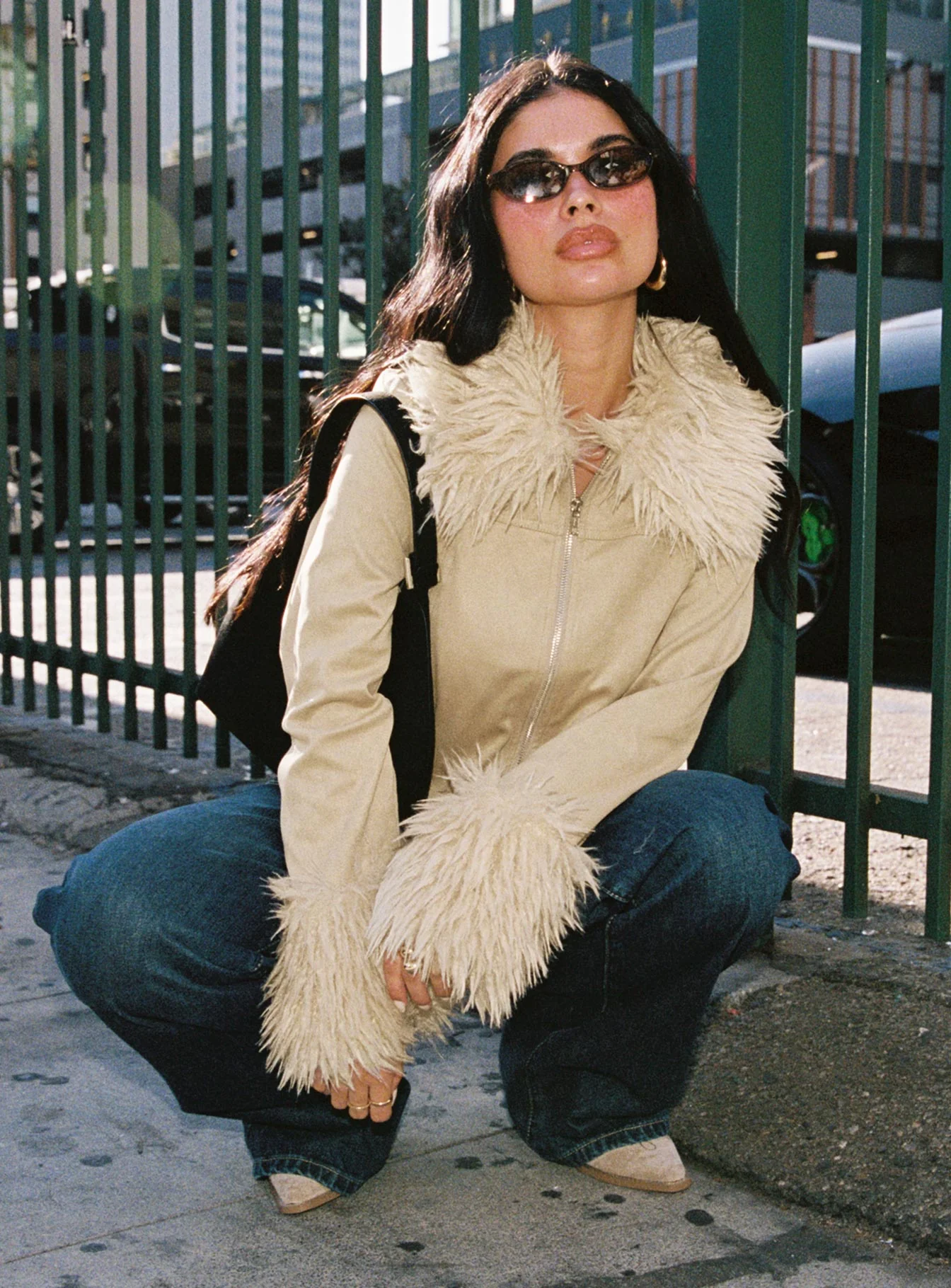 Jeanna Suede Faux Fur Detail Jacket Beige - Image 6