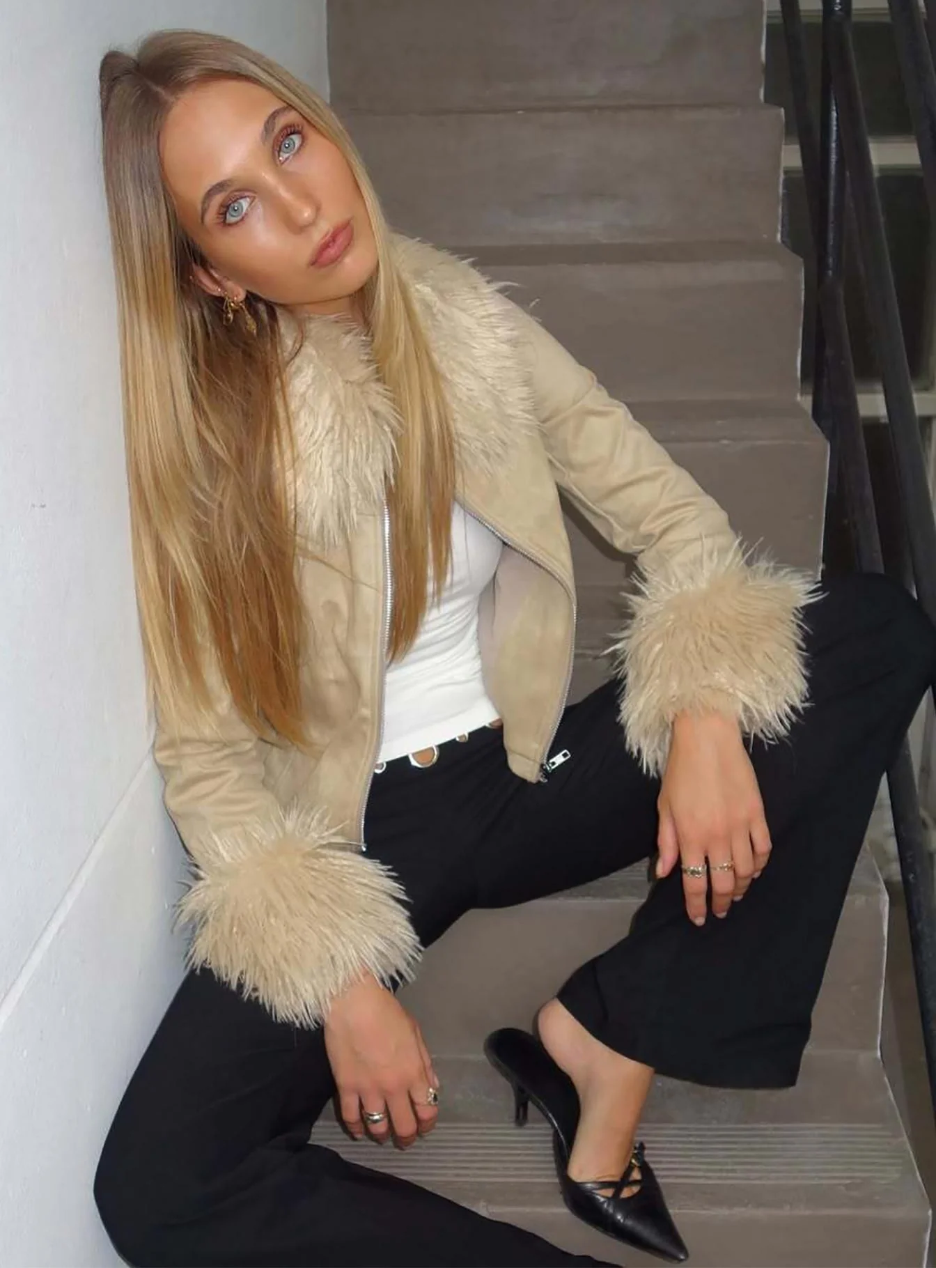 Jeanna Suede Faux Fur Detail Jacket Beige - Image 8