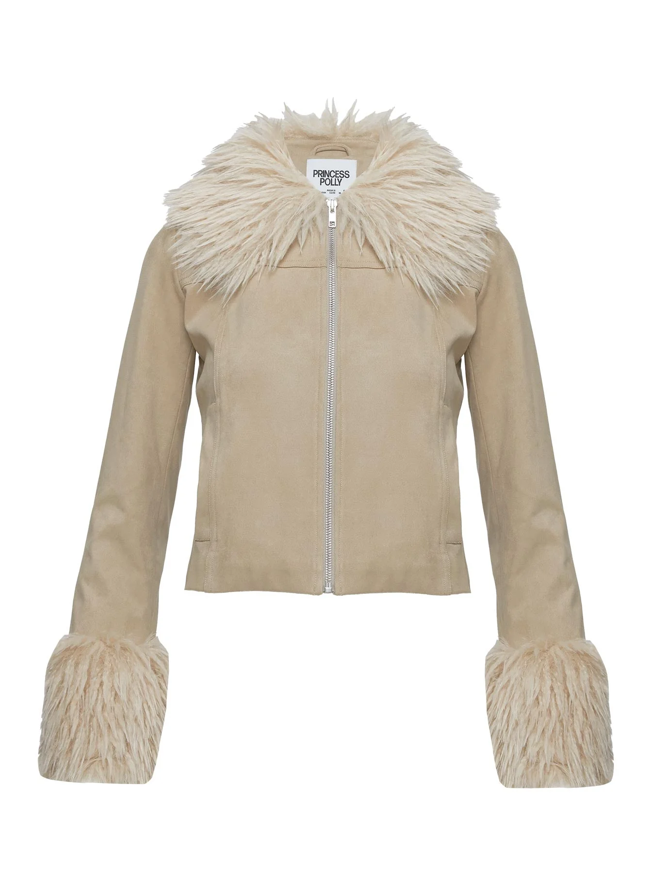 Jeanna Suede Faux Fur Detail Jacket Beige - Image 9