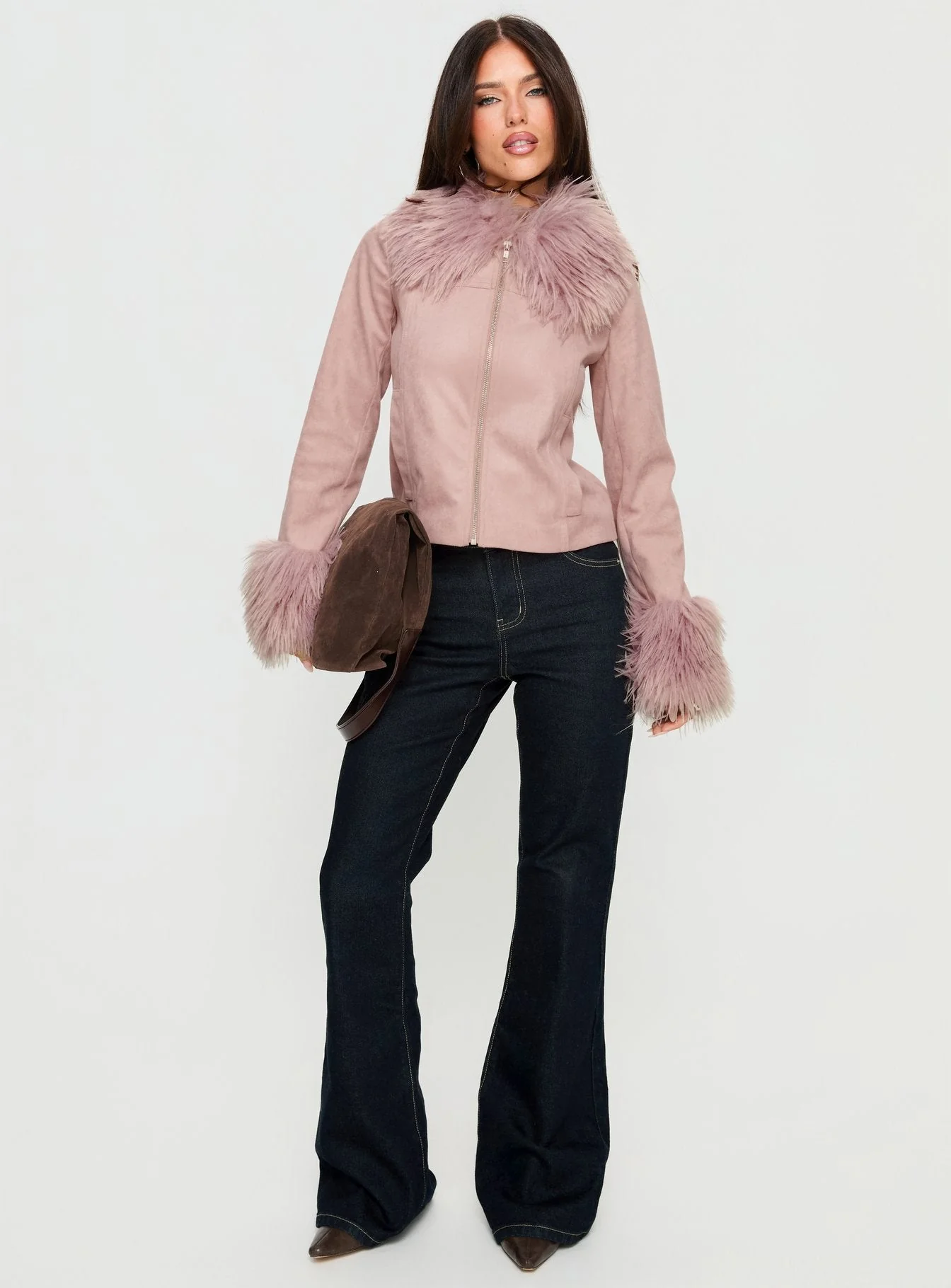 Jeanna Suede Faux Fur Detail Jacket Pink - Image 3