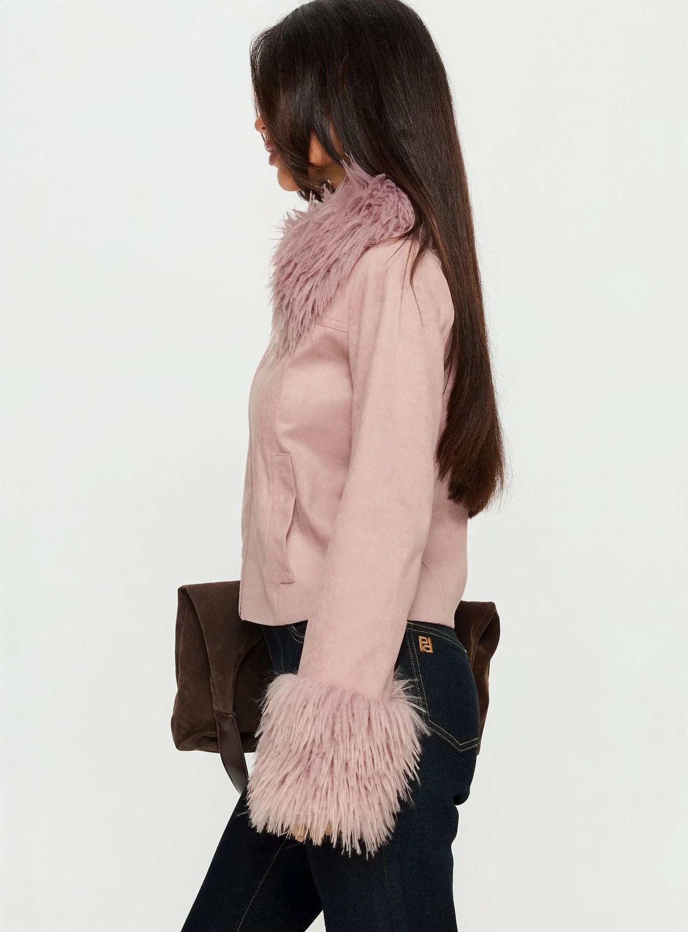 Jeanna Suede Faux Fur Detail Jacket Pink - Image 4