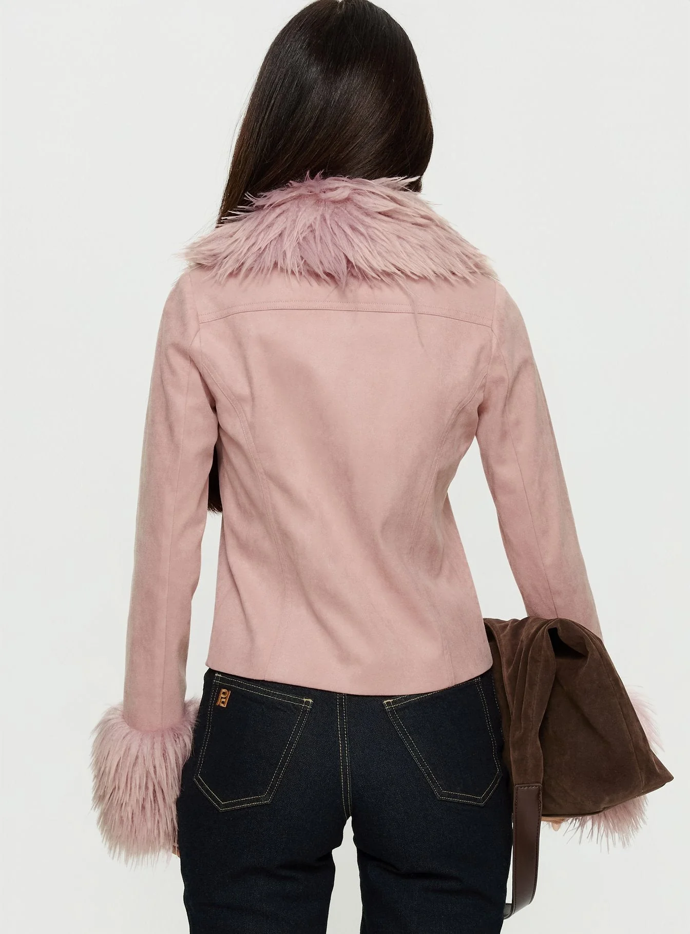 Jeanna Suede Faux Fur Detail Jacket Pink - Image 5