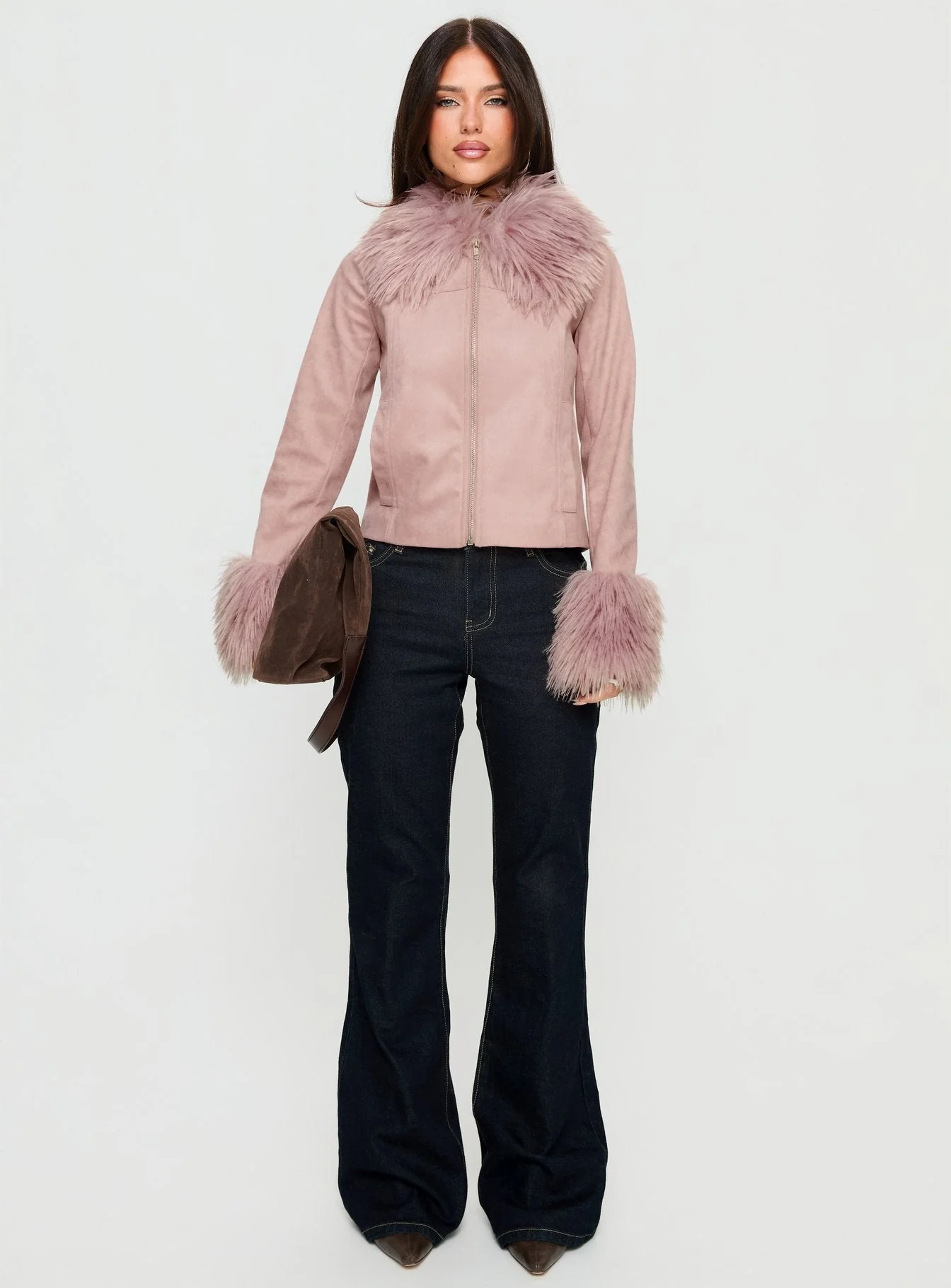 Jeanna Suede Faux Fur Detail Jacket Pink - Image 7