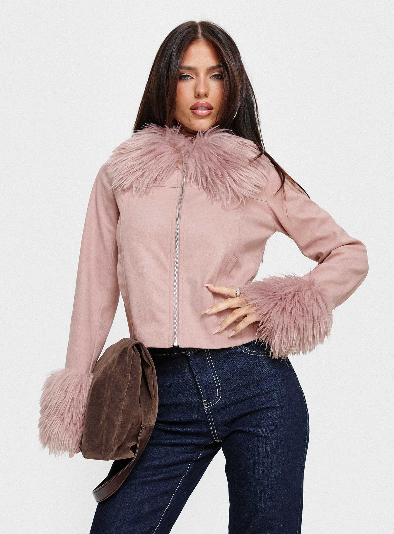 Jeanna Suede Faux Fur Detail Jacket Pink - Image 8