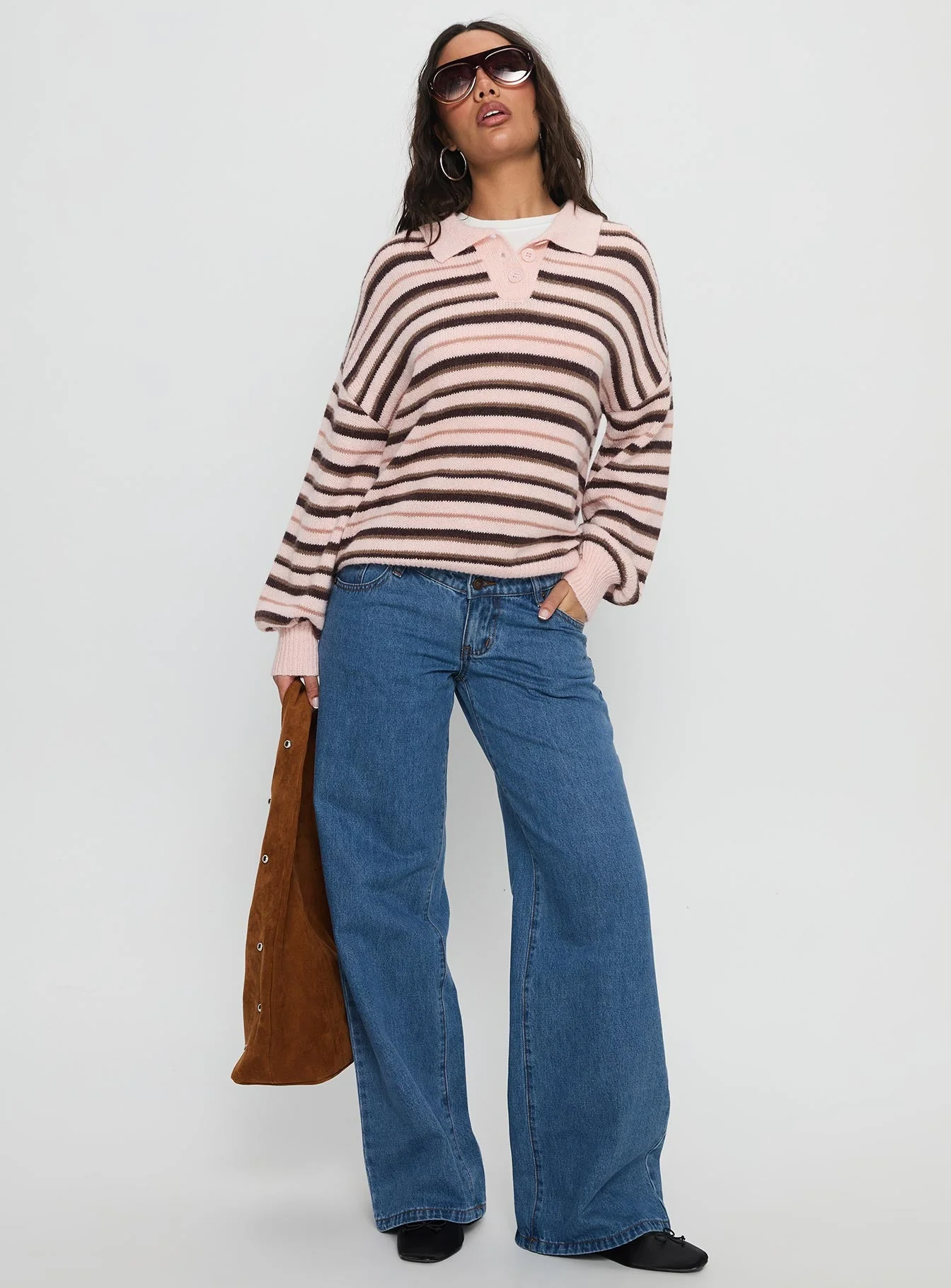 Jeanny Collared Knit Sweater Brown / Pink Stripe - Image 3