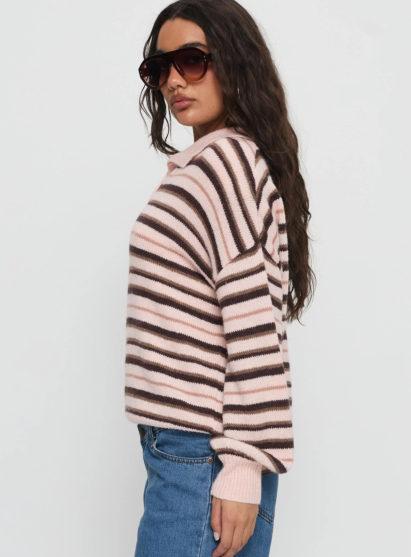 Jeanny Collared Knit Sweater Brown / Pink Stripe - Image 4