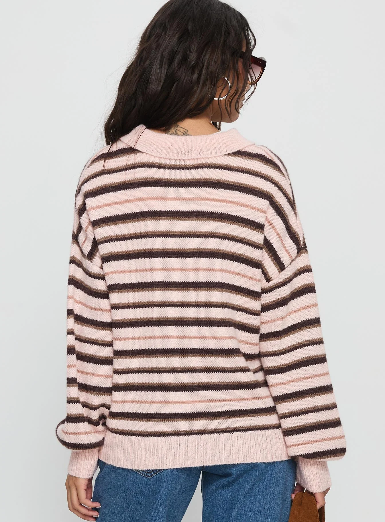 Jeanny Collared Knit Sweater Brown / Pink Stripe - Image 5
