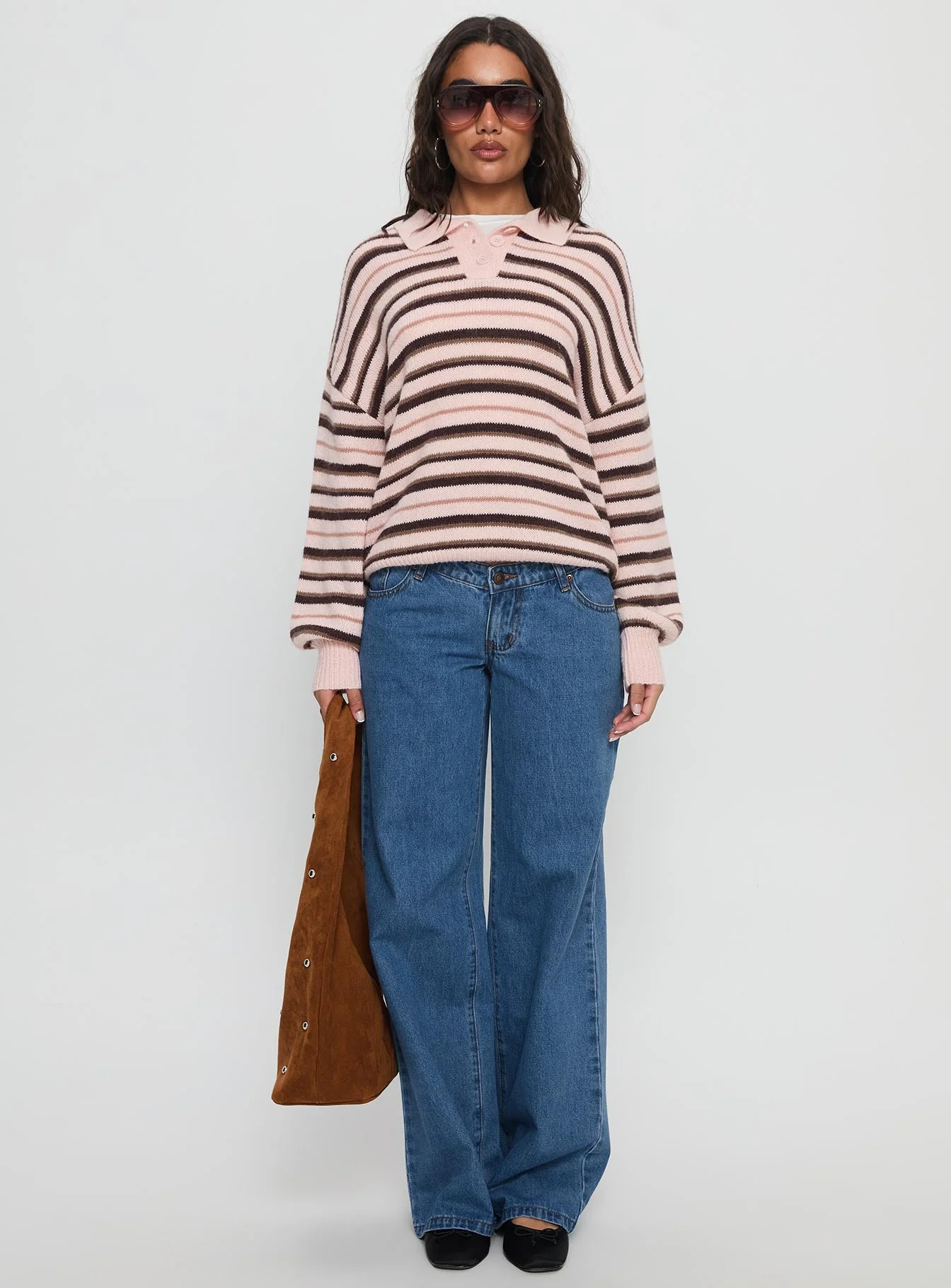 Jeanny Collared Knit Sweater Brown / Pink Stripe - Image 7