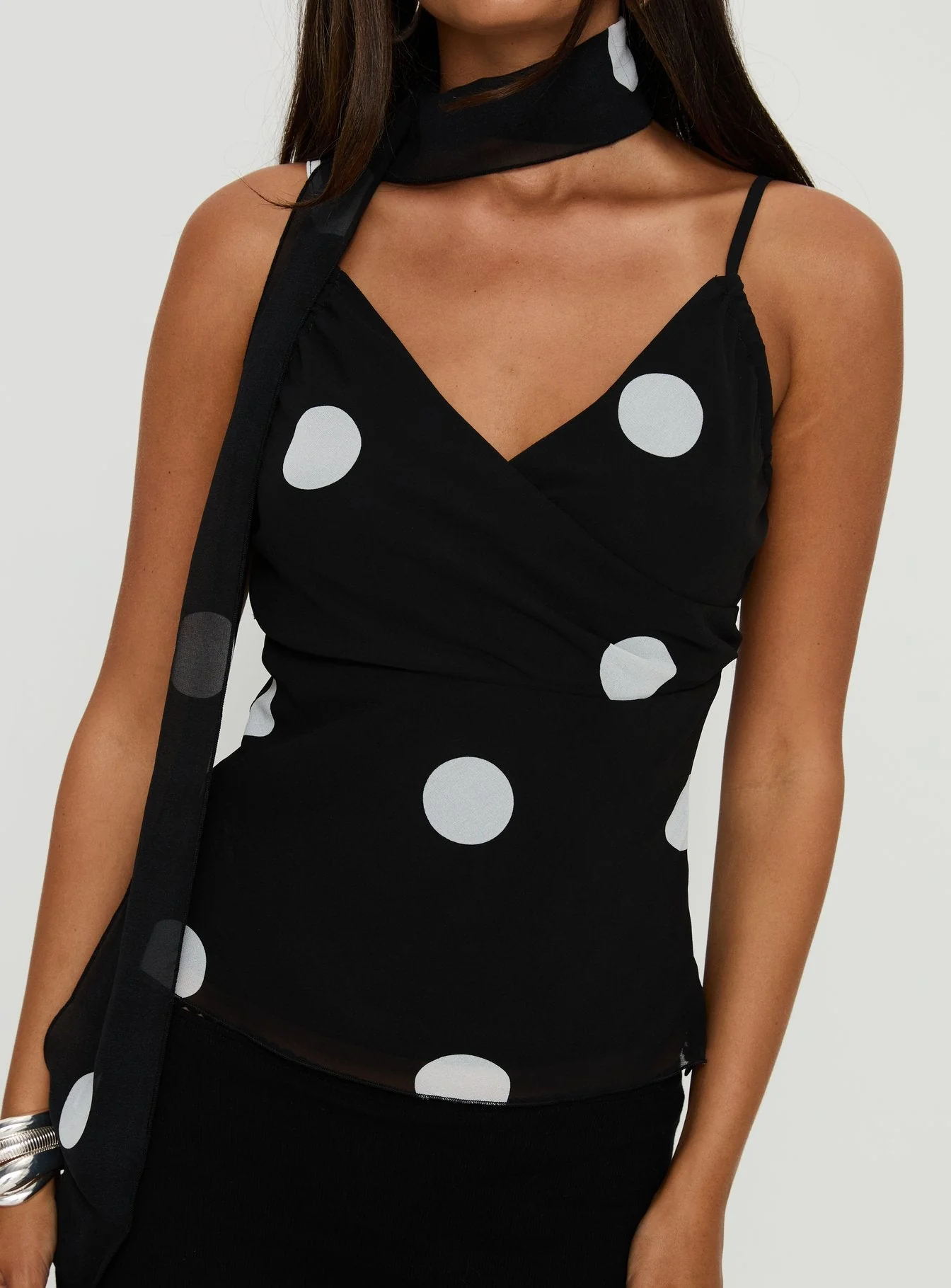 Jenae Scarf Detail Cami Top Black / White Polka - Image 6