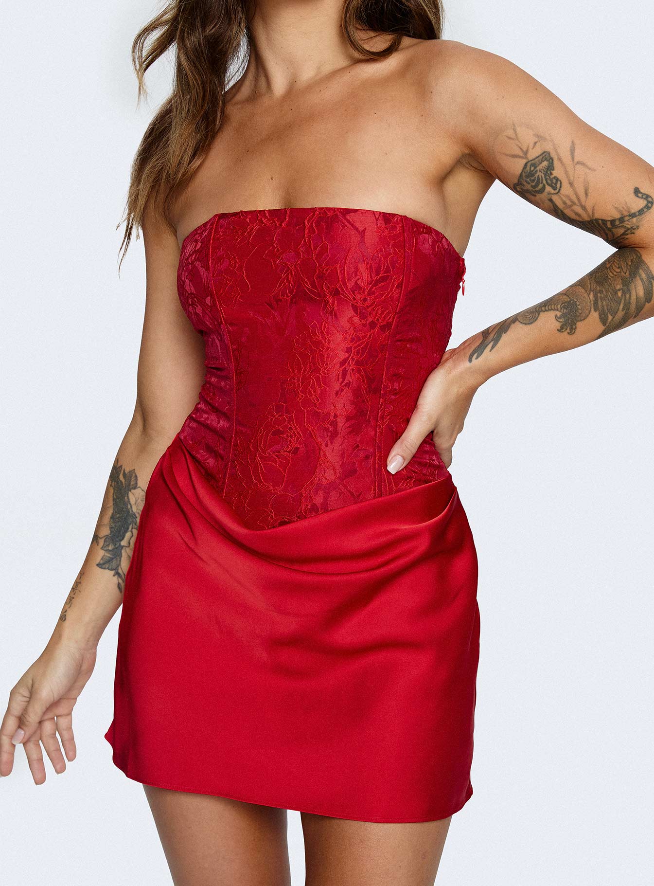Jenevieve Strapless Drape Mini Dress Red - Image 9