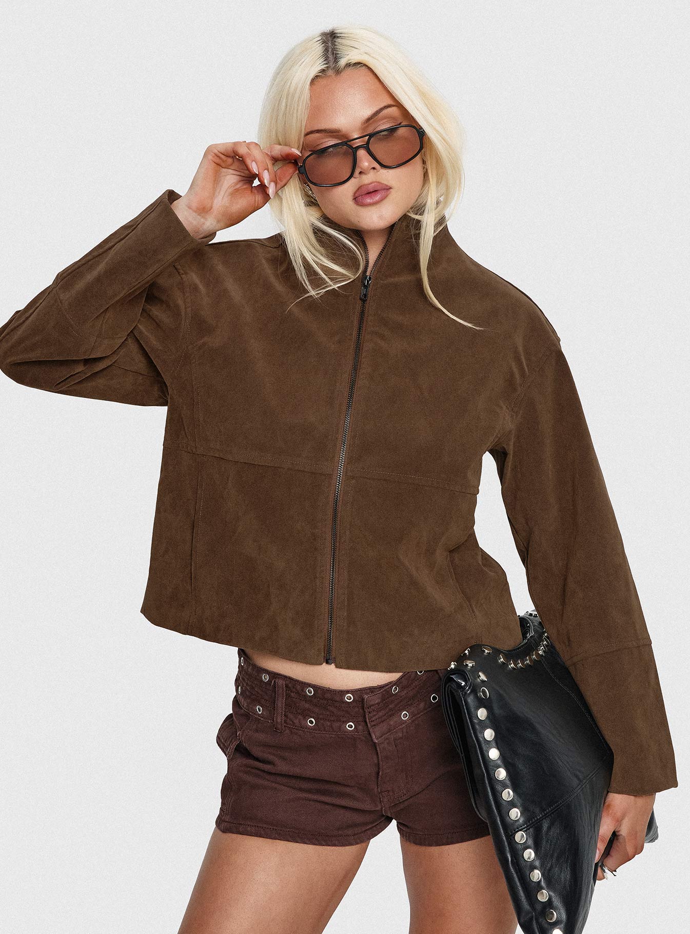 Jessalynn Faux Suede Zip Through Jacket Brown - Image 2