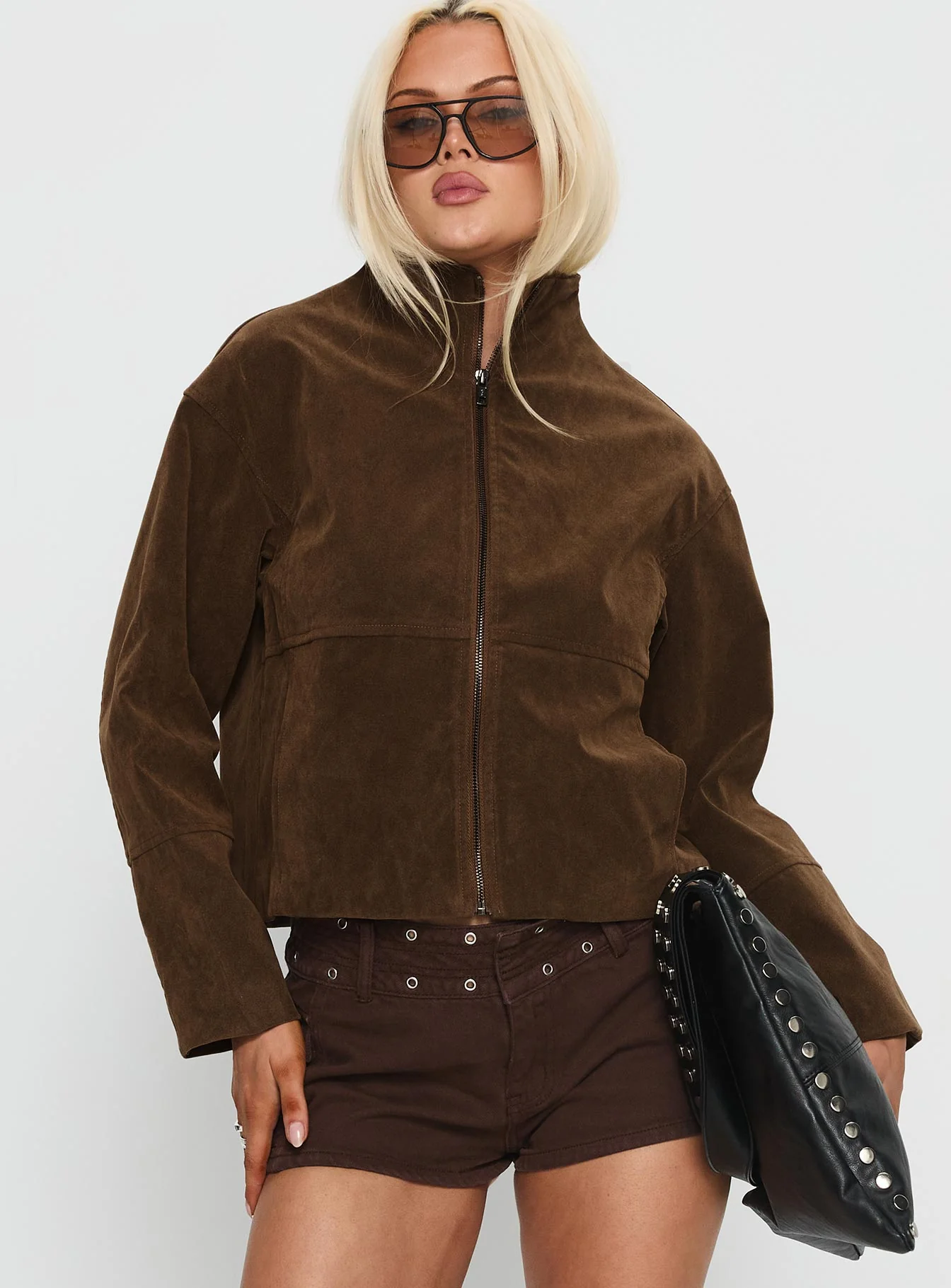 Jessalynn Faux Suede Zip Through Jacket Brown - Image 3