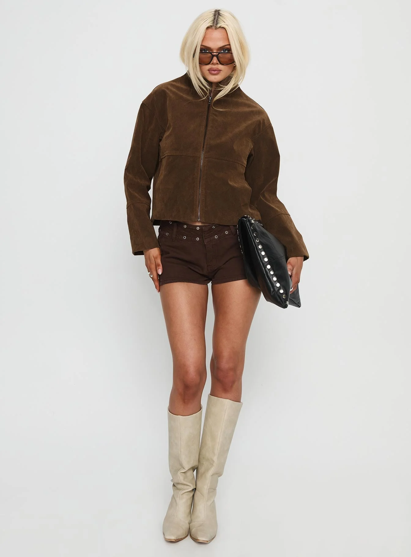 Jessalynn Faux Suede Zip Through Jacket Brown - Image 4