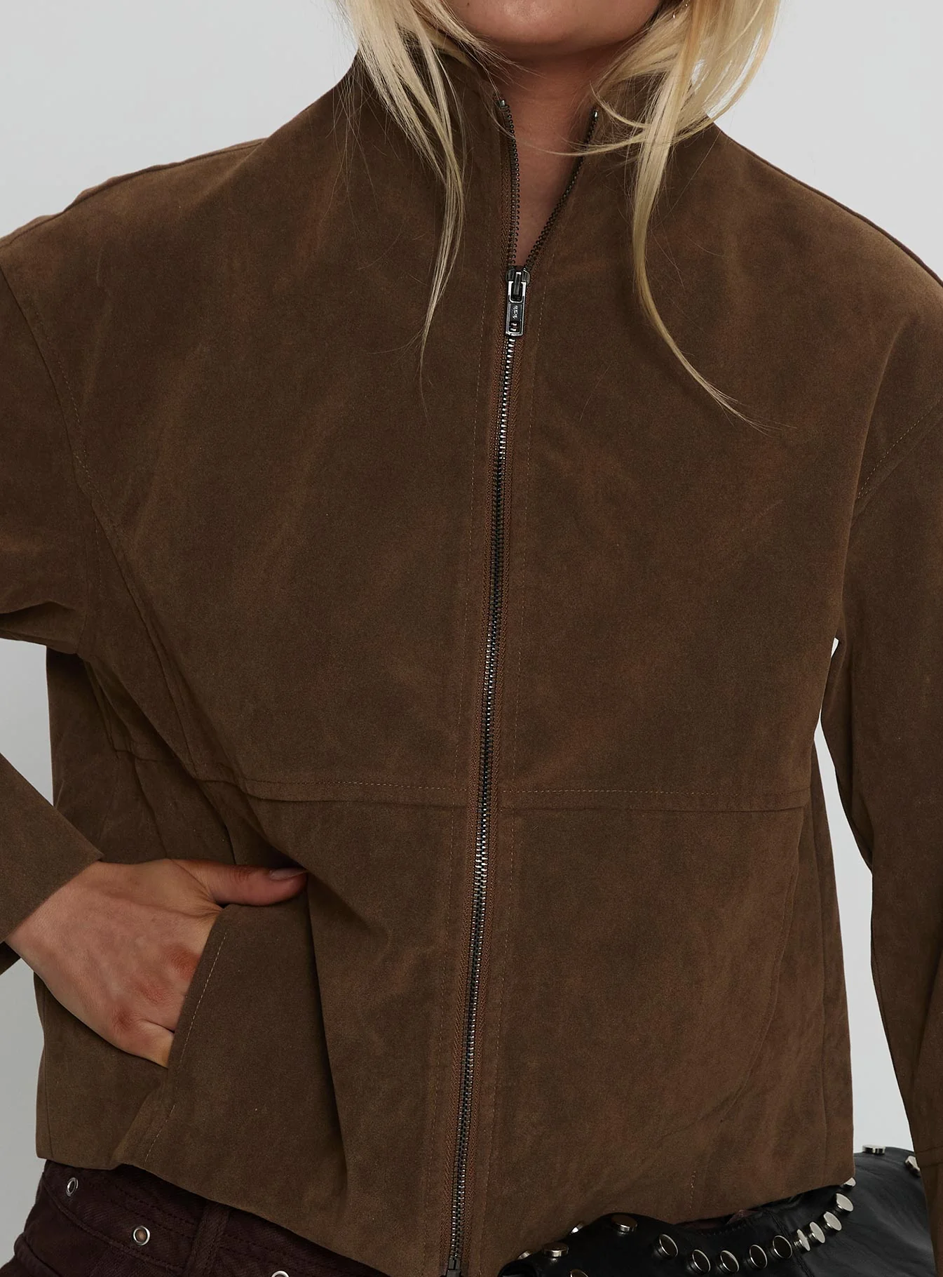 Jessalynn Faux Suede Zip Through Jacket Brown - Image 7