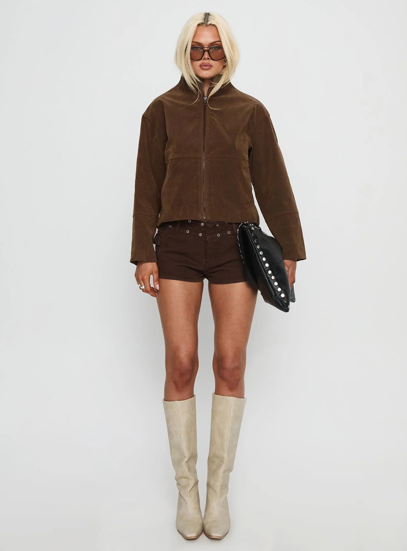 Jessalynn Faux Suede Zip Through Jacket Brown - Image 8