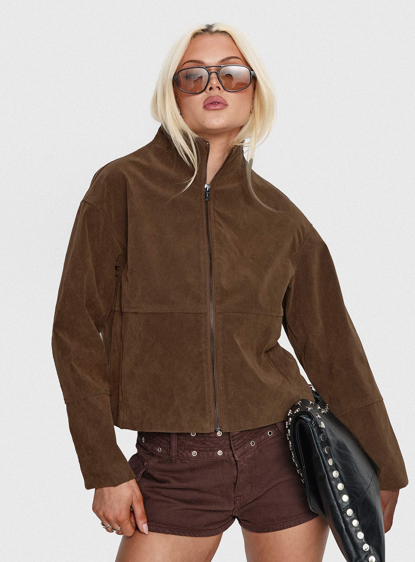 Jessalynn Faux Suede Zip Through Jacket Brown - Image 9