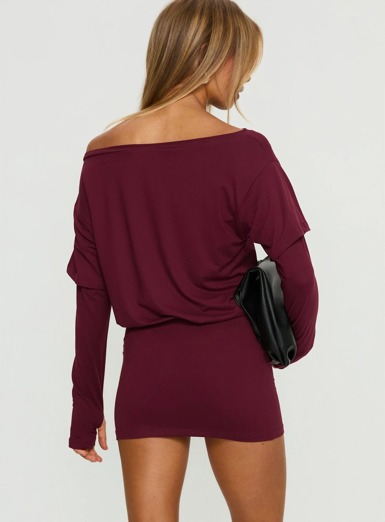 Jesselyn Long Sleeve Off Shoulder Mini Dress Burgundy - Image 5
