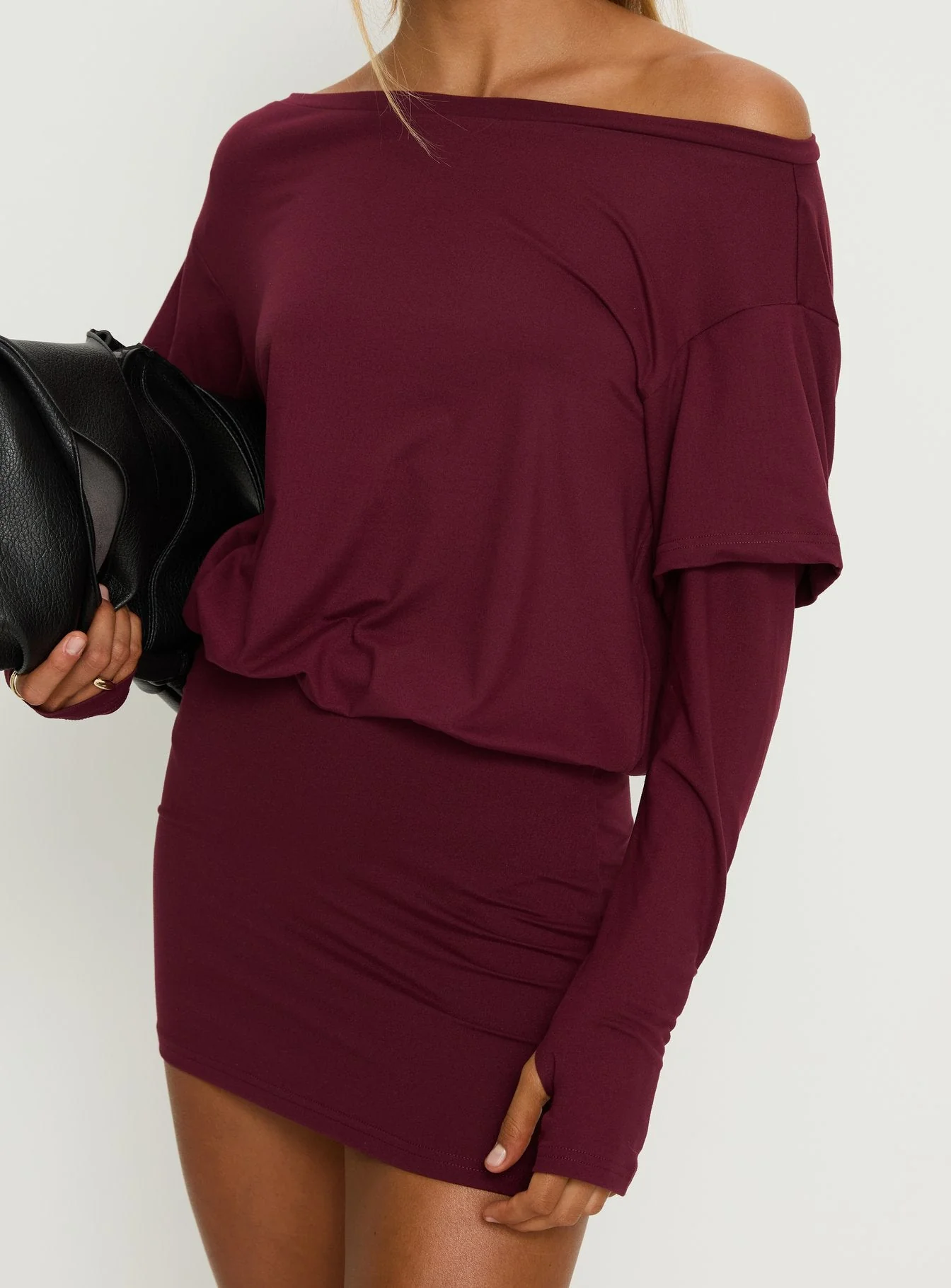 Jesselyn Long Sleeve Off Shoulder Mini Dress Burgundy - Image 6