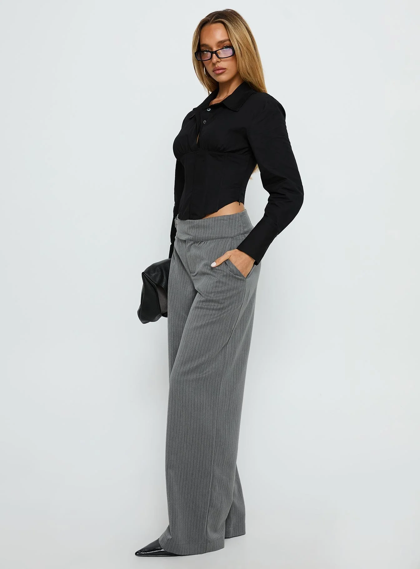 Jinny Relaxed Buckle Tailored Pants Grey Pinstripe - Image 4
