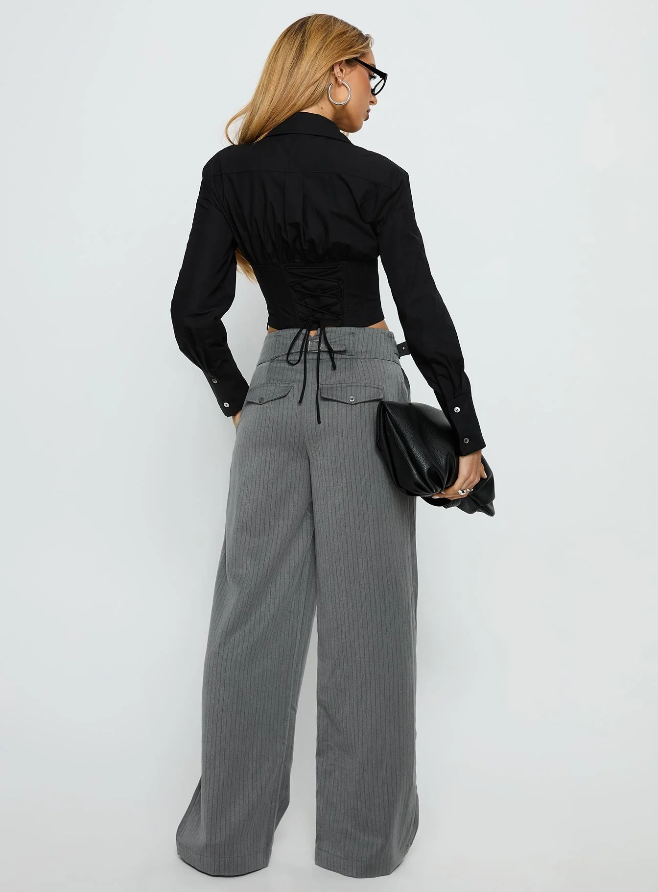 Jinny Relaxed Buckle Tailored Pants Grey Pinstripe - Image 5