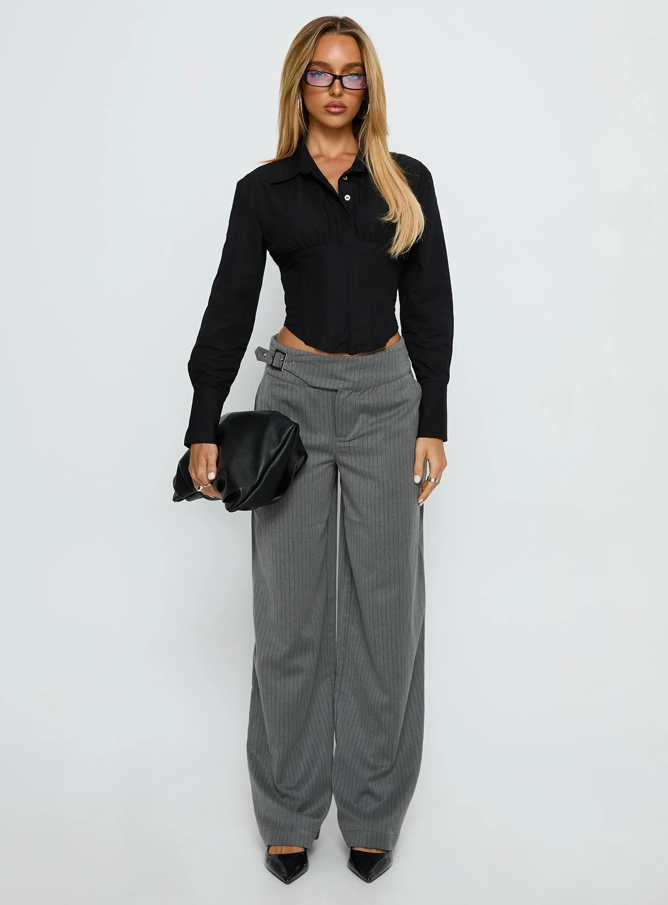 Jinny Relaxed Buckle Tailored Pants Grey Pinstripe - Image 7