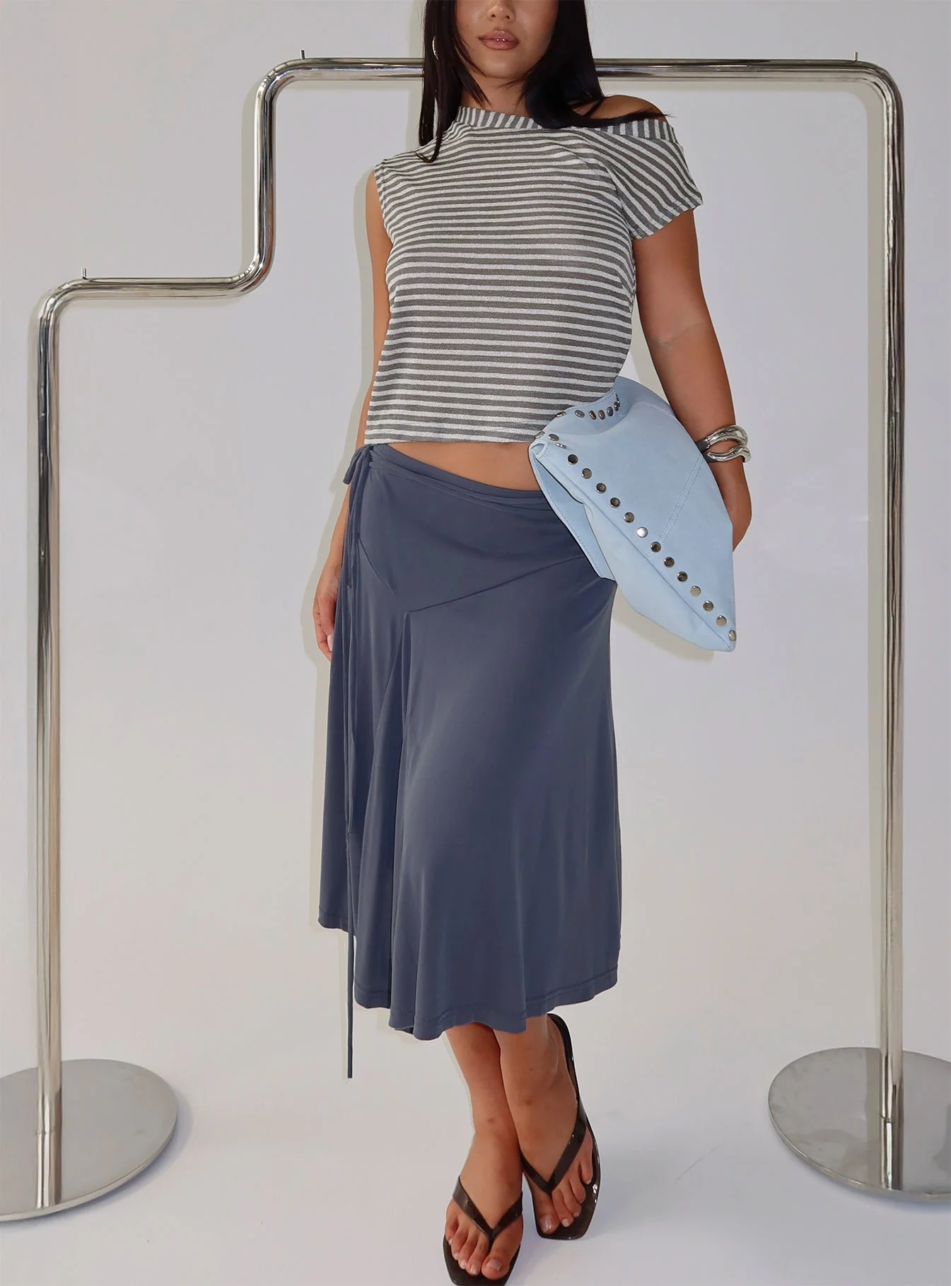 Joaney Tie Side Jersey Midi Skirt Slate