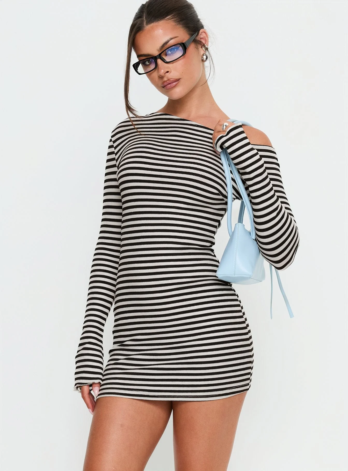 Journi Off Shoulder Long Sleeve Mini Dress Black / White Stripe - Image 2
