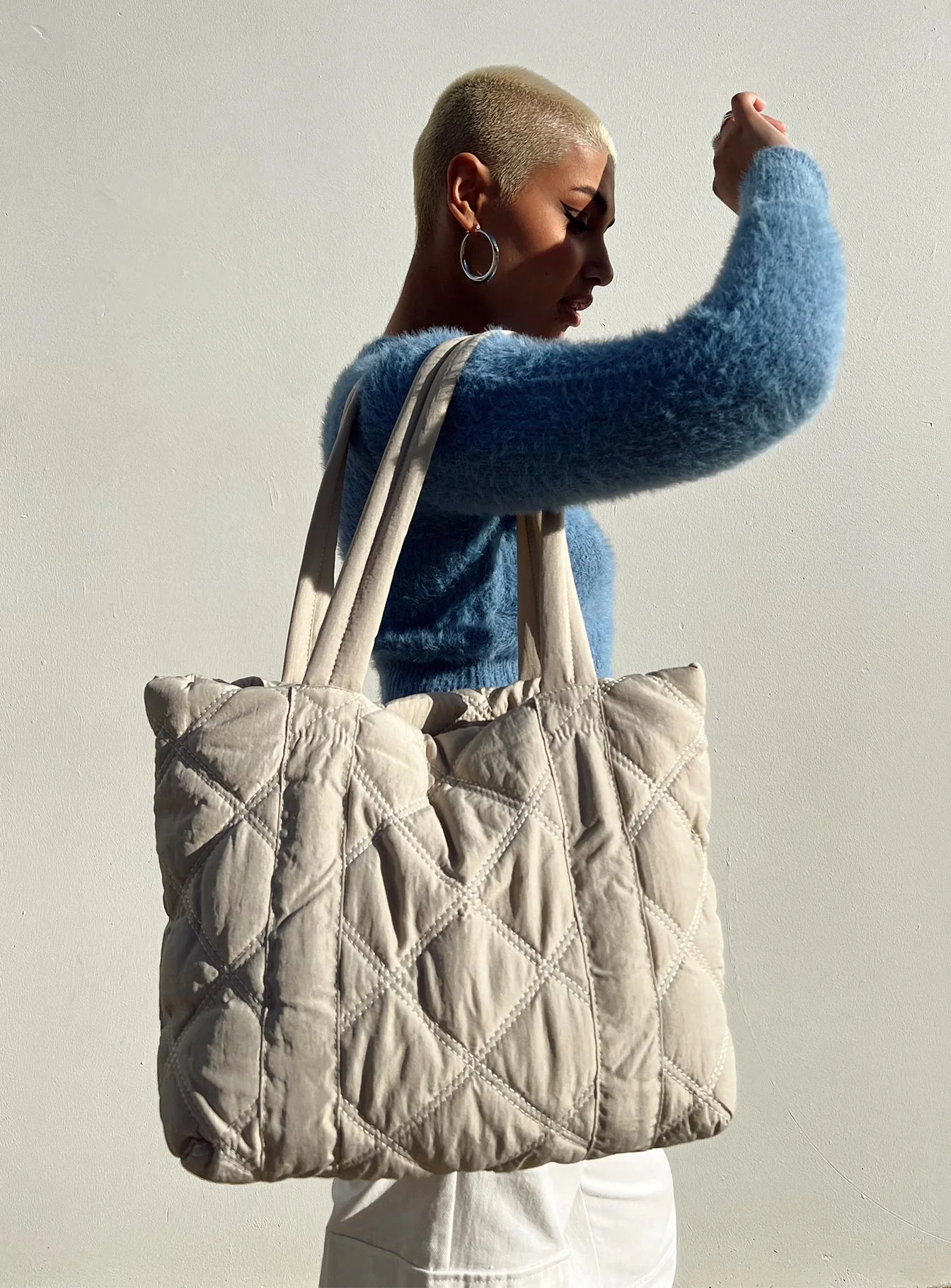 Jovie Nylon Quilted Tote Beige - Image 6