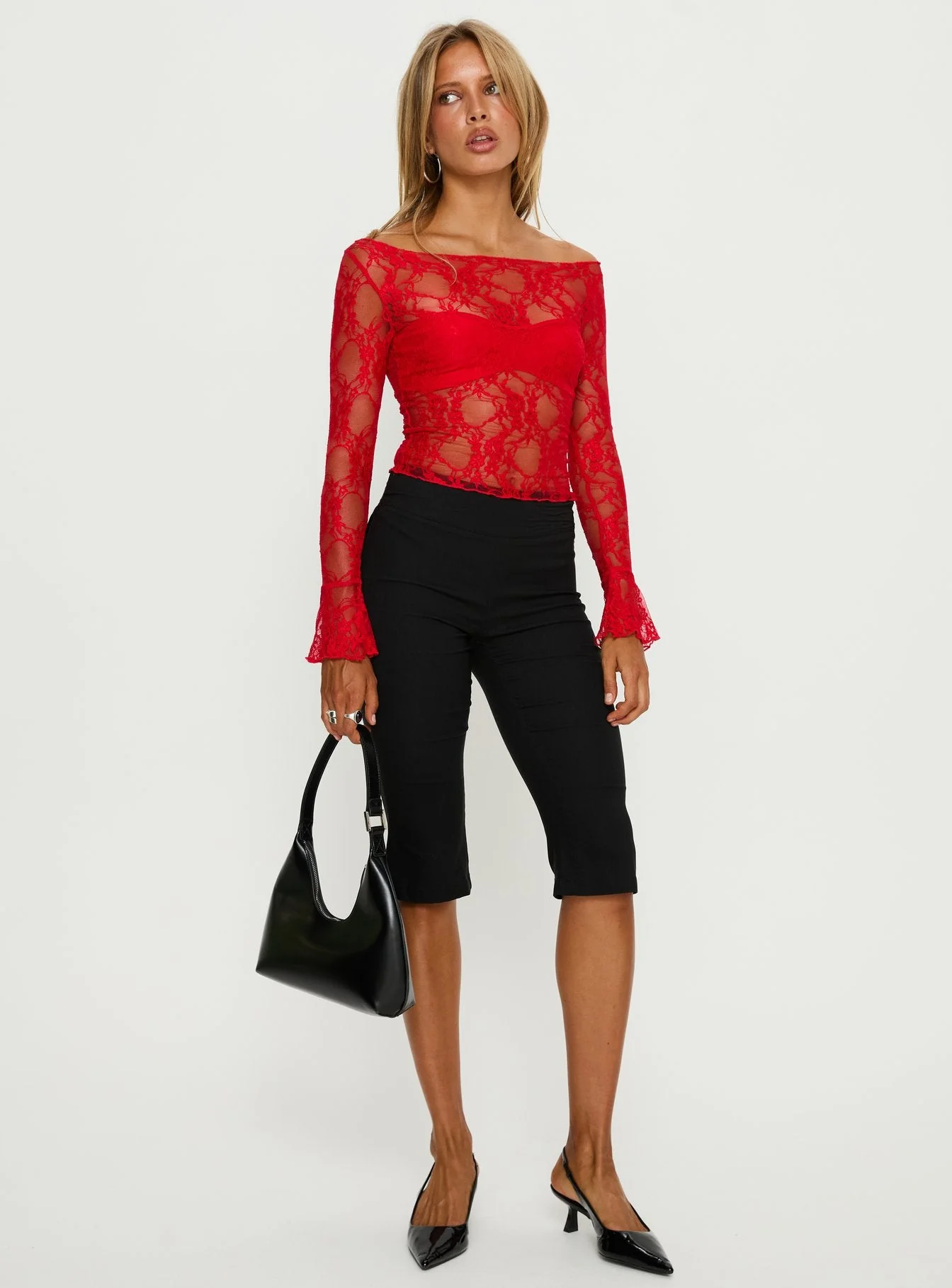Junah Sheer Lace Long Sleeve Top Red - Image 2