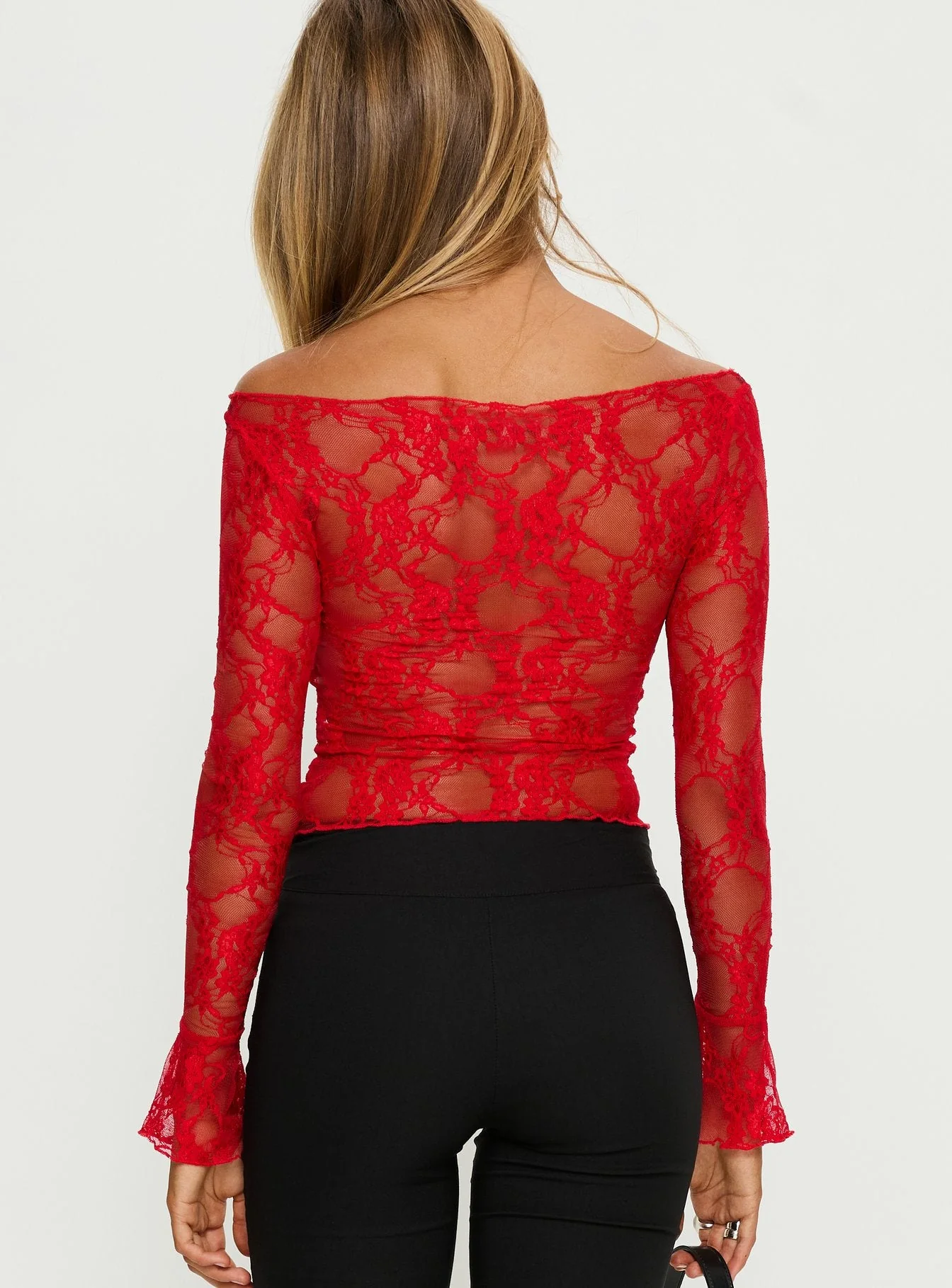 Junah Sheer Lace Long Sleeve Top Red - Image 4