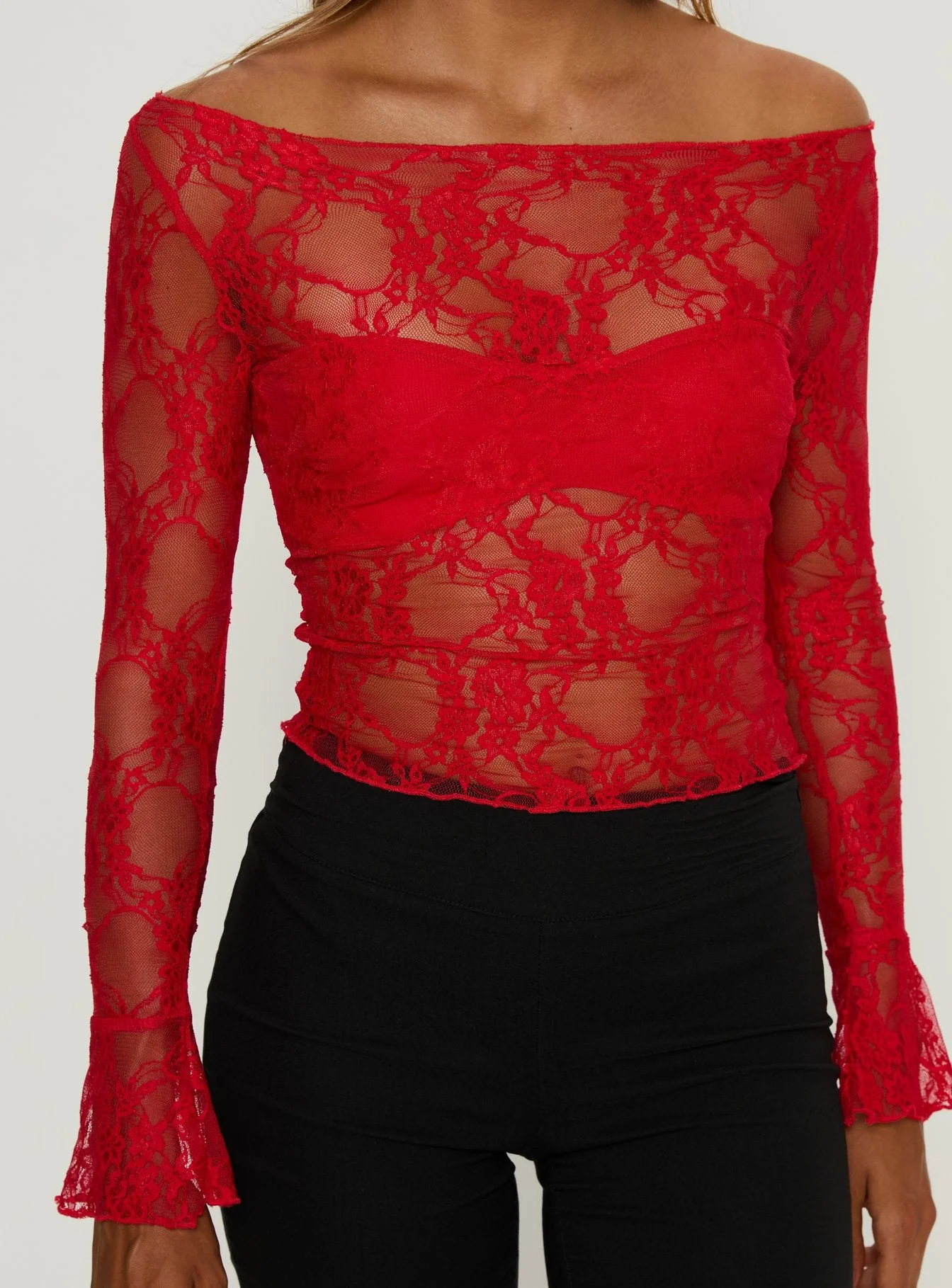 Junah Sheer Lace Long Sleeve Top Red - Image 5