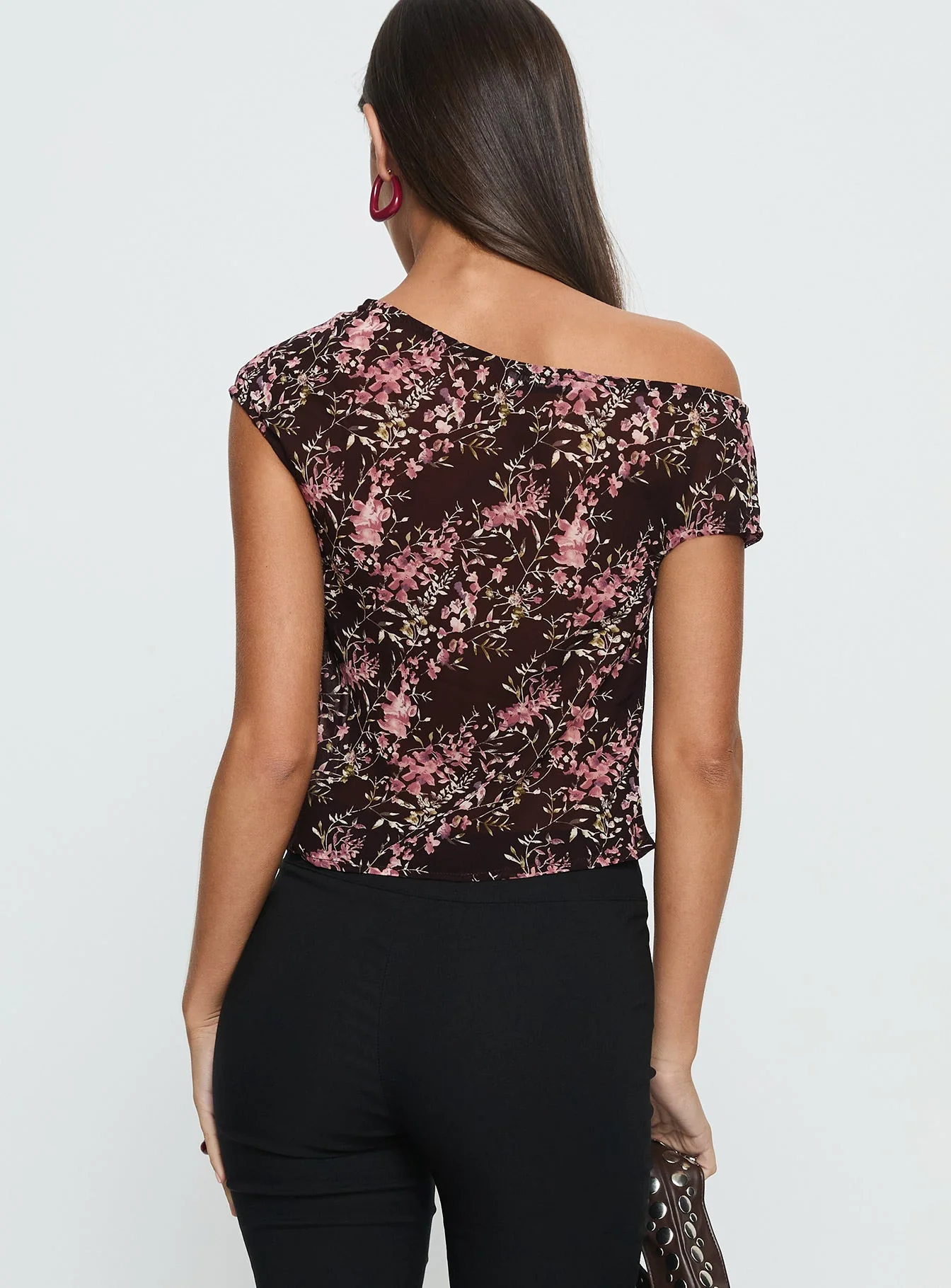 Justyna Sheer Top Off Shoulder Top Brown / Pink Floral - Image 4